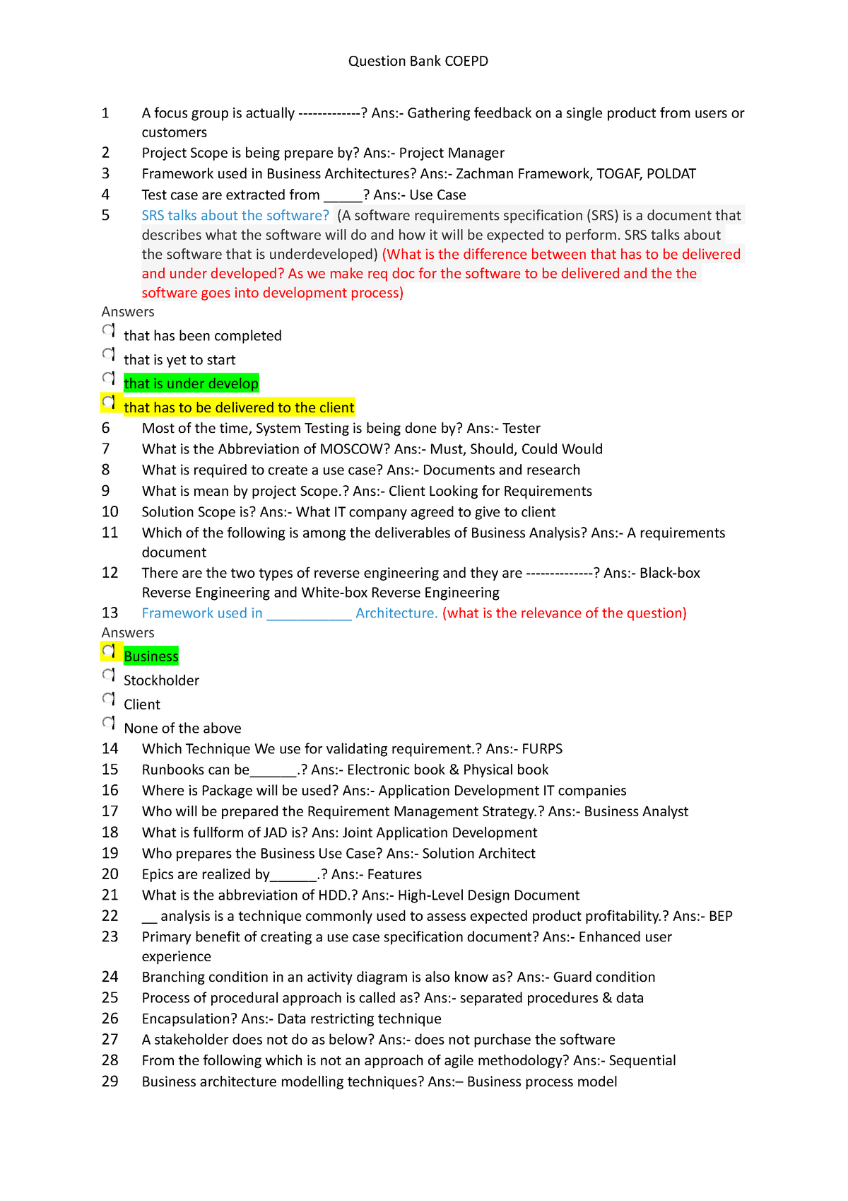 Question bank for business analyst - 1 A focus group is actually -? Ans ...