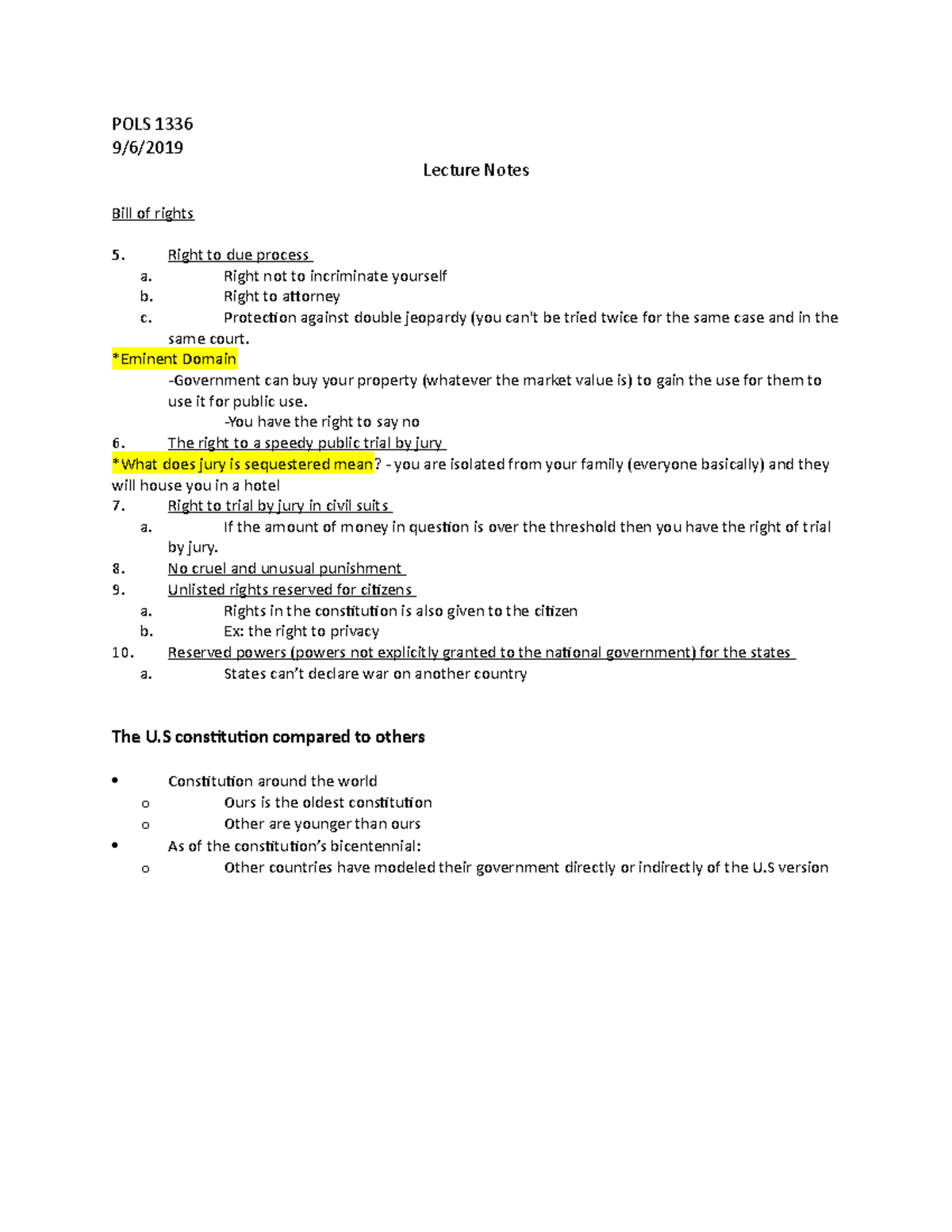 POLS 1339:6:2019 - Lecture Notes 3 - POLS 1336 9/6/ Lecture Notes Bill ...