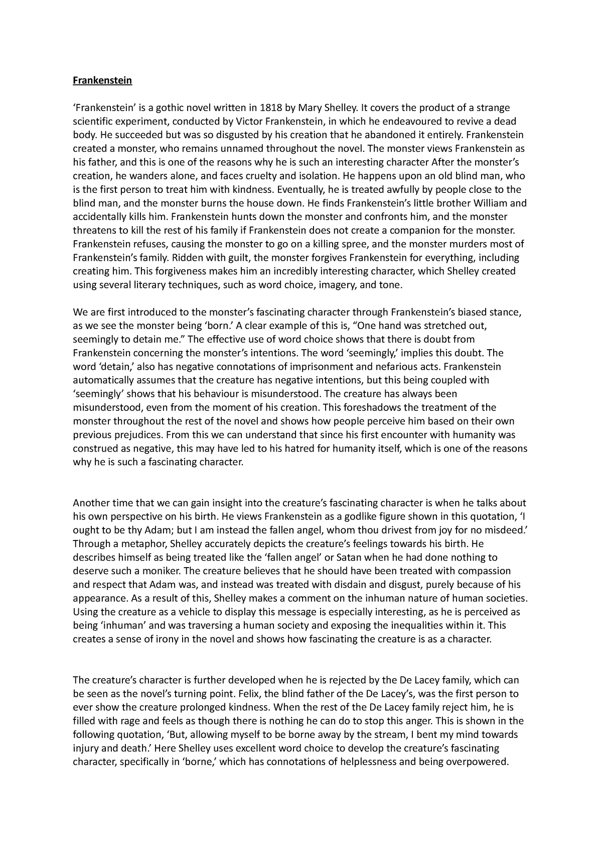 frankenstein compare and contrast essay