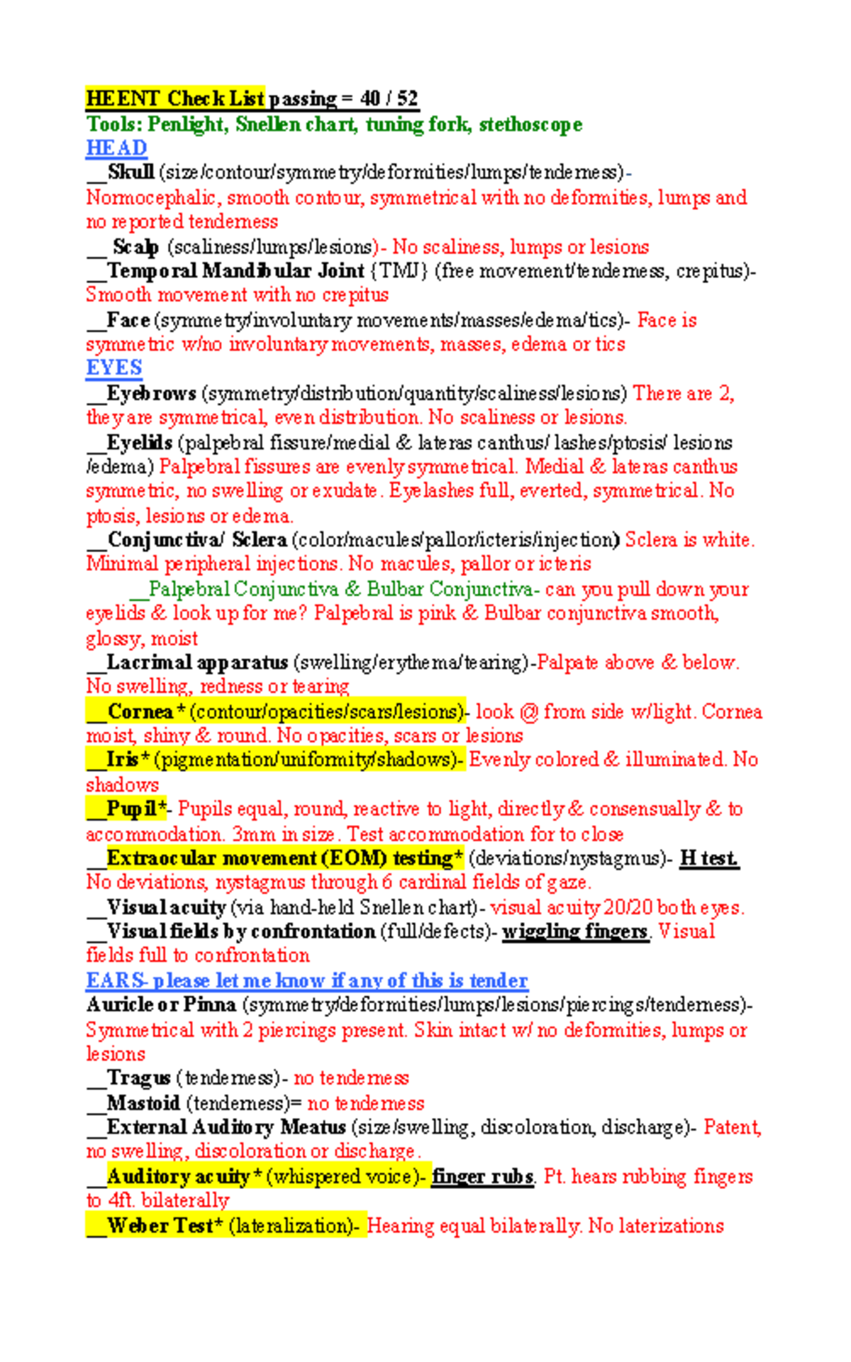 Health assessment for MGH pdf HEENT Check List passing = 40 / 52