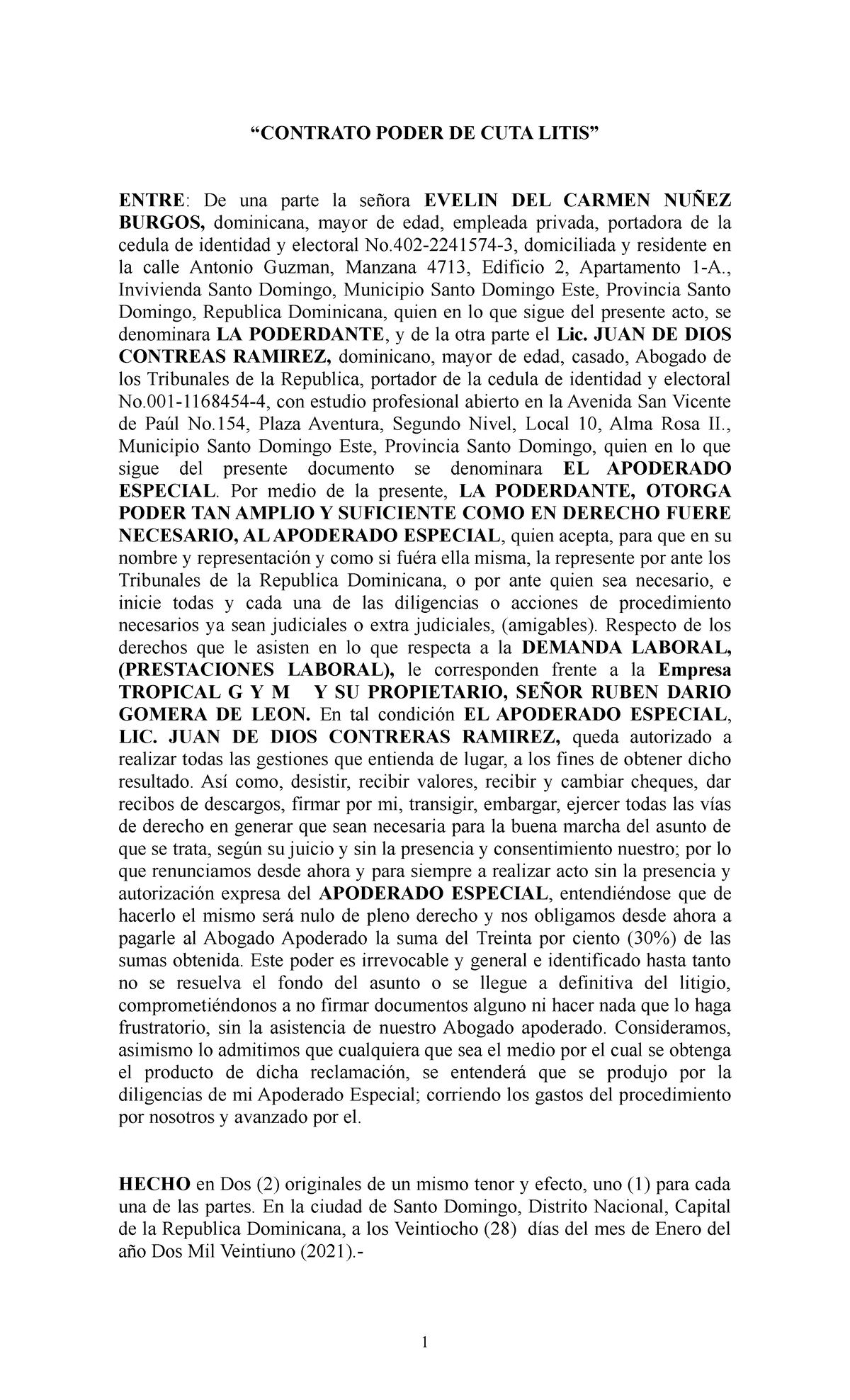 Contrato Poder De Cuota Litis Evelin Del Carmen Nuñez Burgos “contrato Poder De Cuta Litis 9234