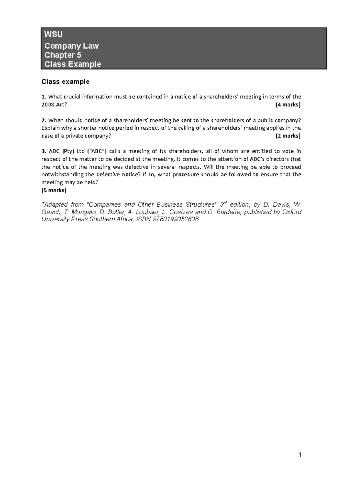 2. Class Example Chapter 5 - WSU Company Law Chapter 5 Class Example ...