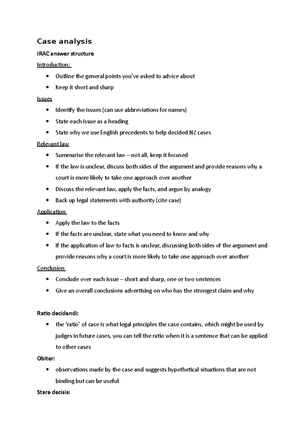 2020 Case analysis Case brief Case analysis IRAC answer structure Introduction Outline the