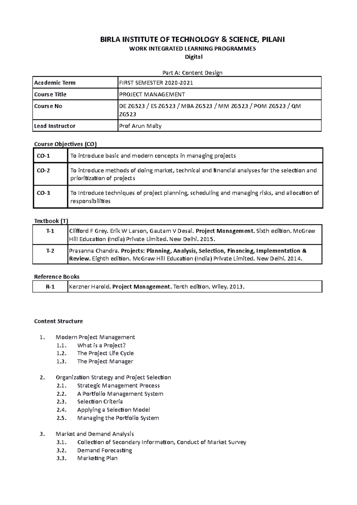 Course Handout - BIRLA INSTITUTE OF TECHNOLOGY SCIENCE, PILANI WORK ...