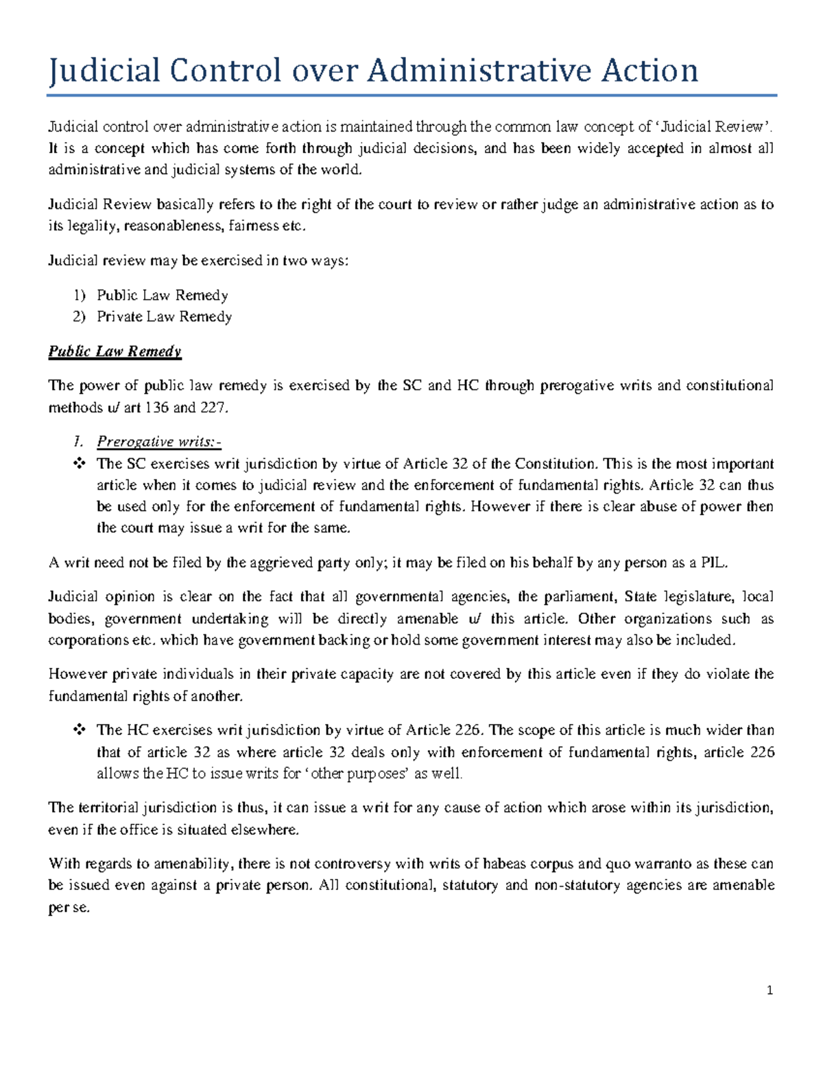 Judicial Control over Administrative Action It is a concept which has