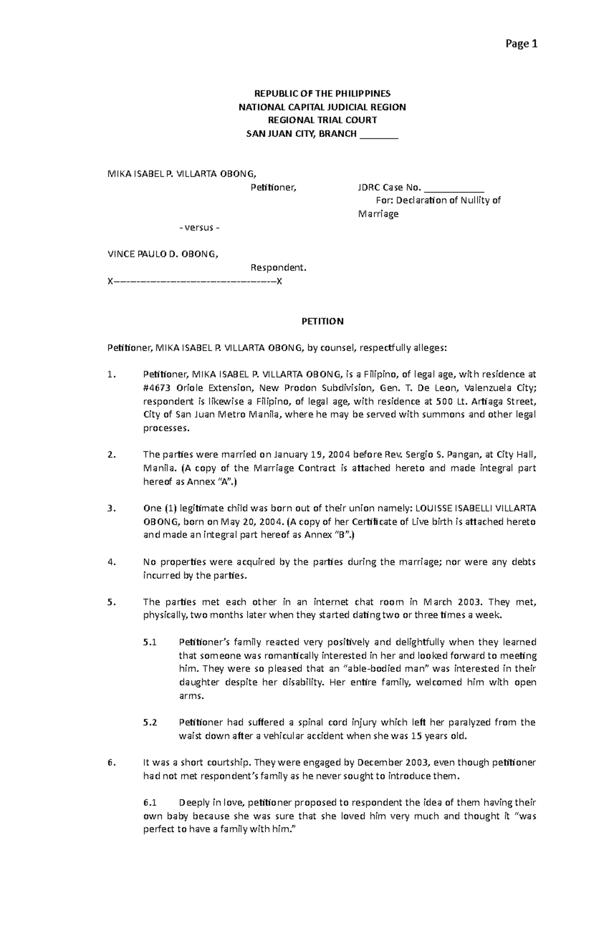 Sample Petition For Declaration Of Nullity Of Marriage Philippines