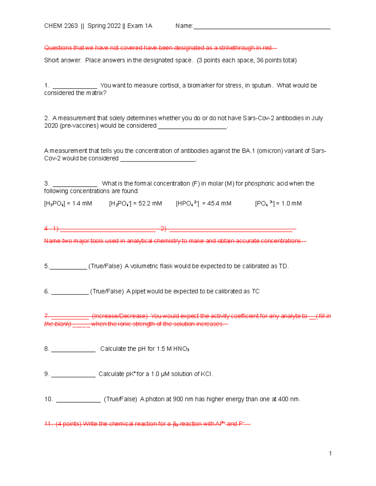 CHEM 2263 Exam 1A Fall 2023 Practice - Questions that we have not ...