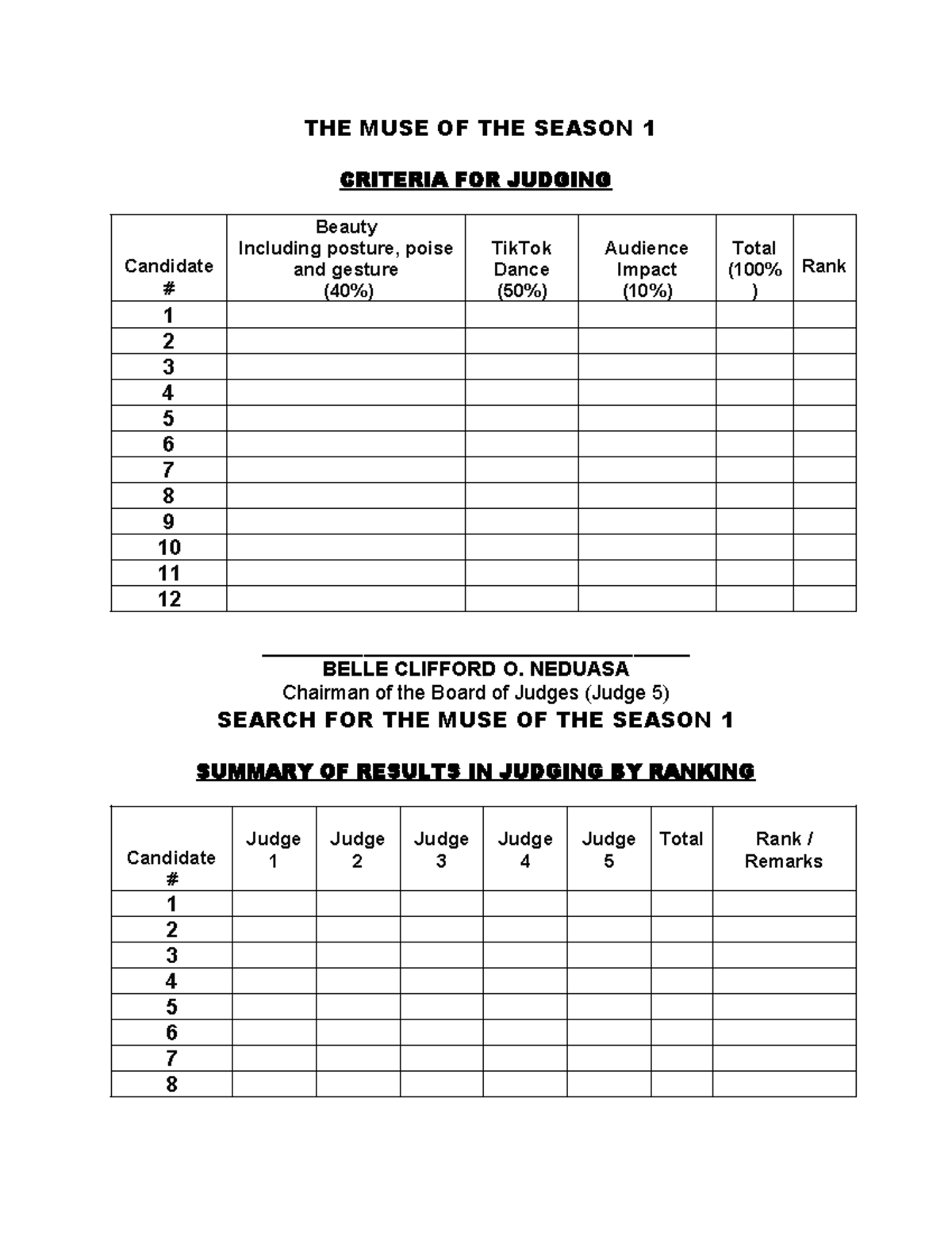 THE MUSE OF THE Season 1 THE MUSE OF THE SEASON 1 CRITERIA FOR