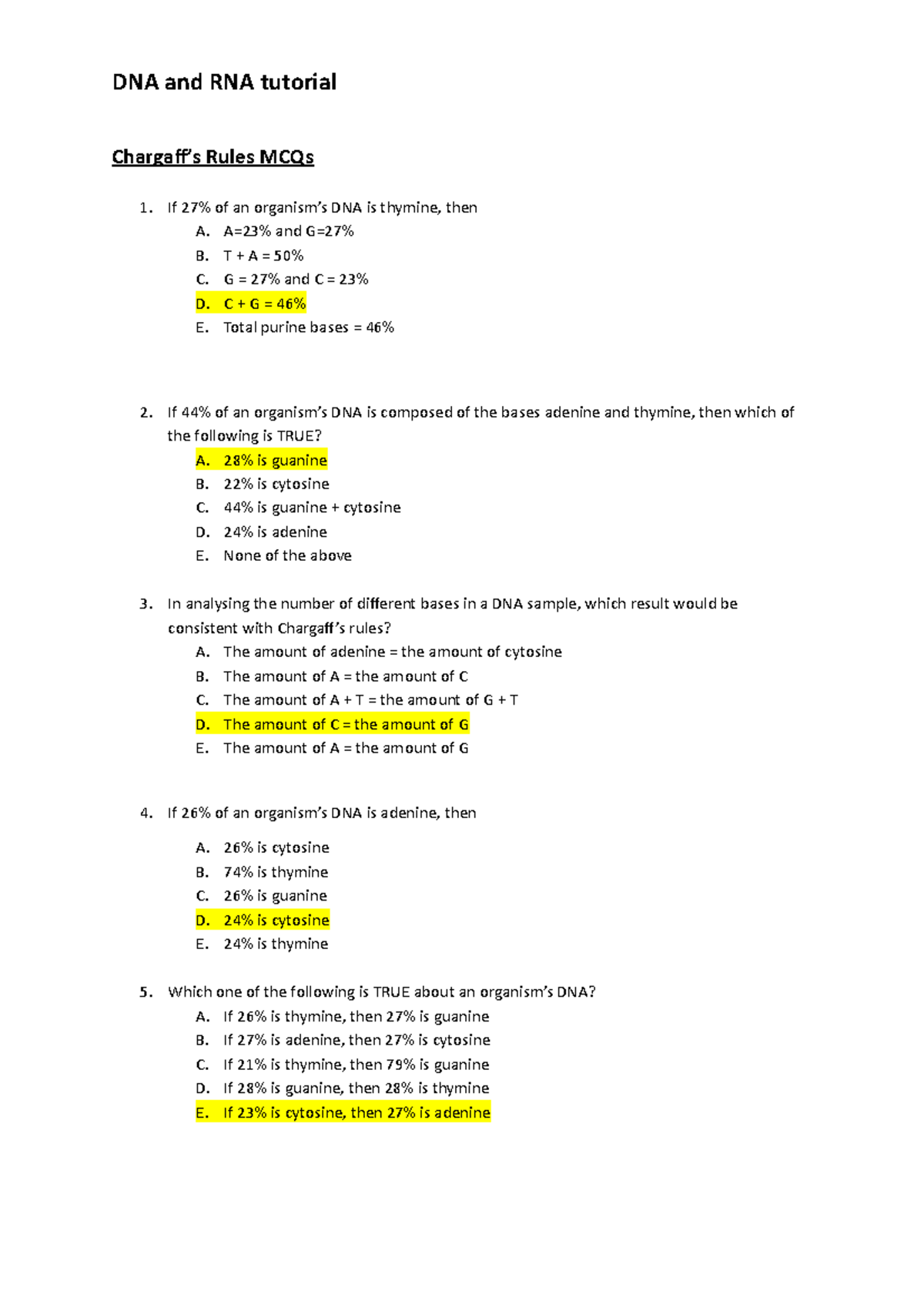 DNA and RNA tutorial MCQ Answers Studocu