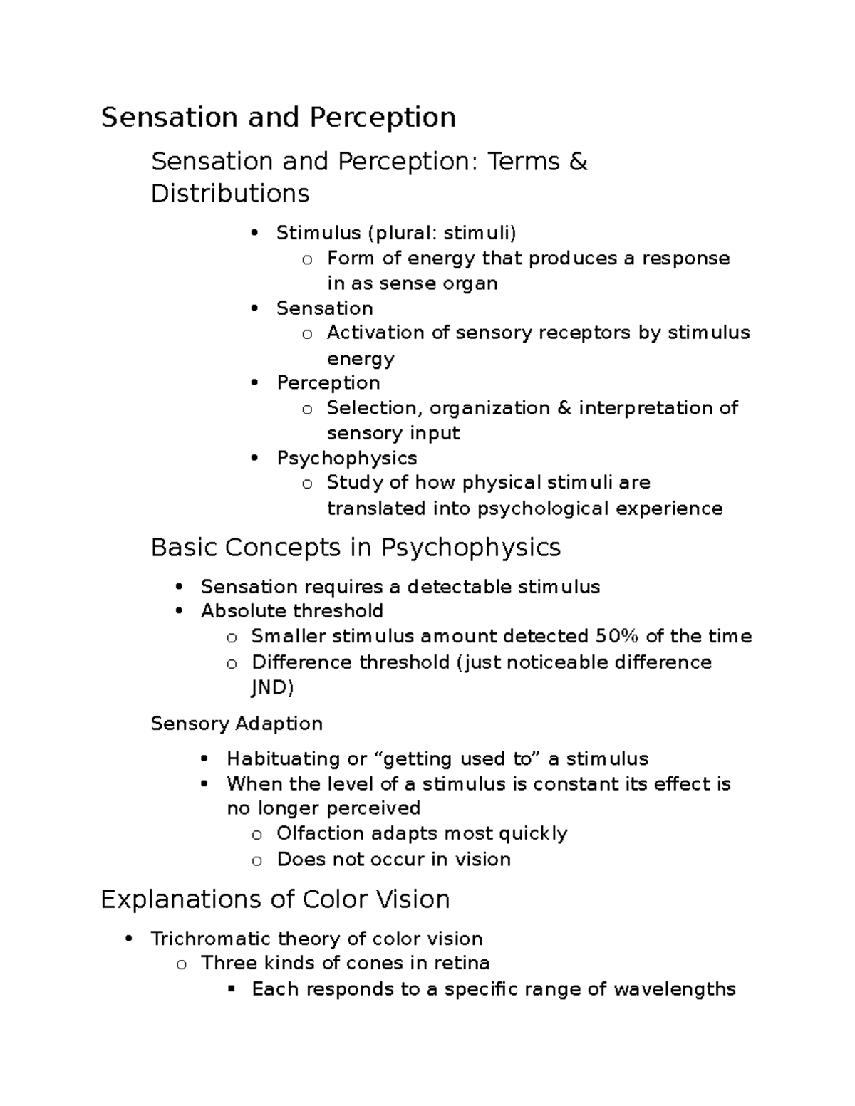 Intro to Psych Sensation and Perception Sensation and Perception