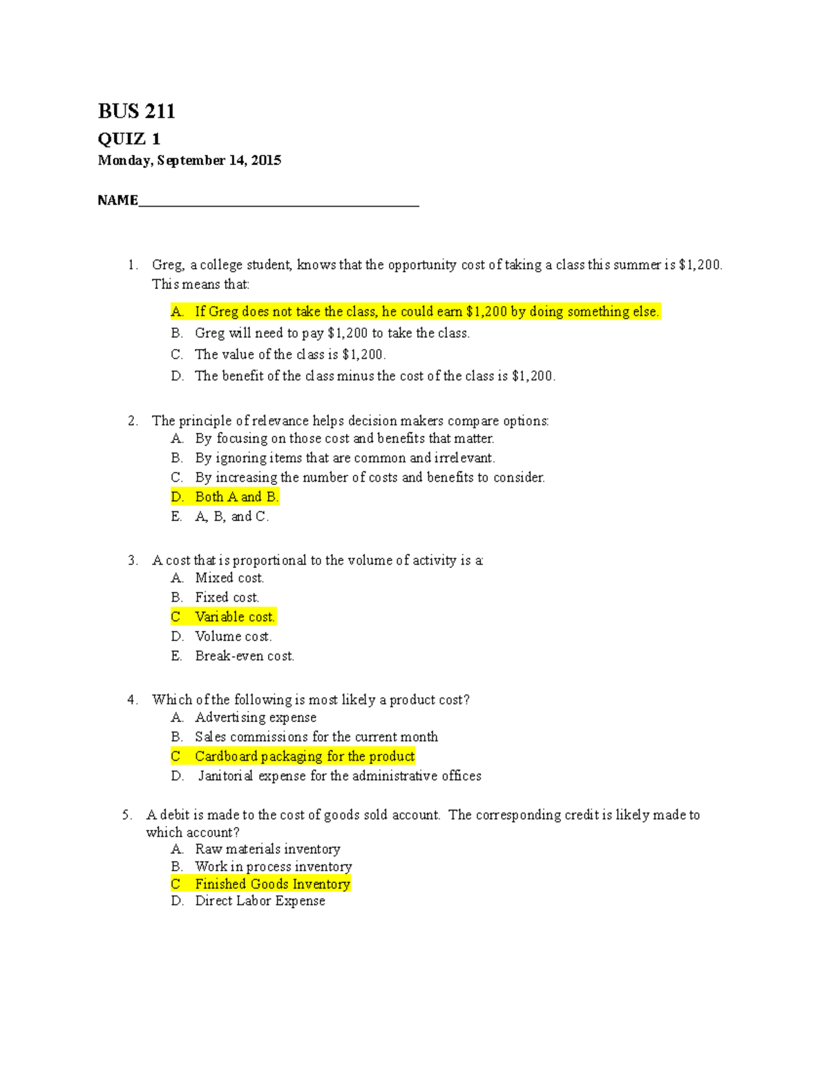 Solution-Quiz 1 & 2 - Solution-Quiz 1 & 2 - BUS 211 QUIZ 1 Monday ...