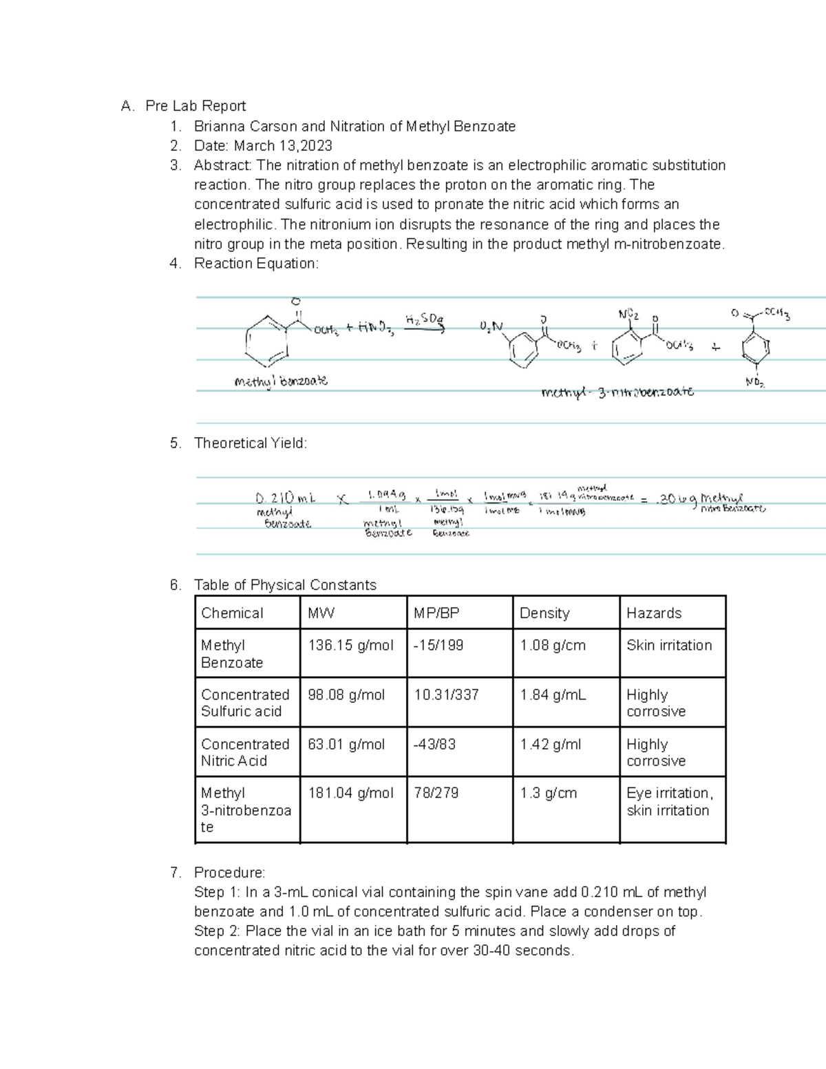 Pre Lab Nitration of Methyl Benzoate A. Pre Lab Report 1. Brianna