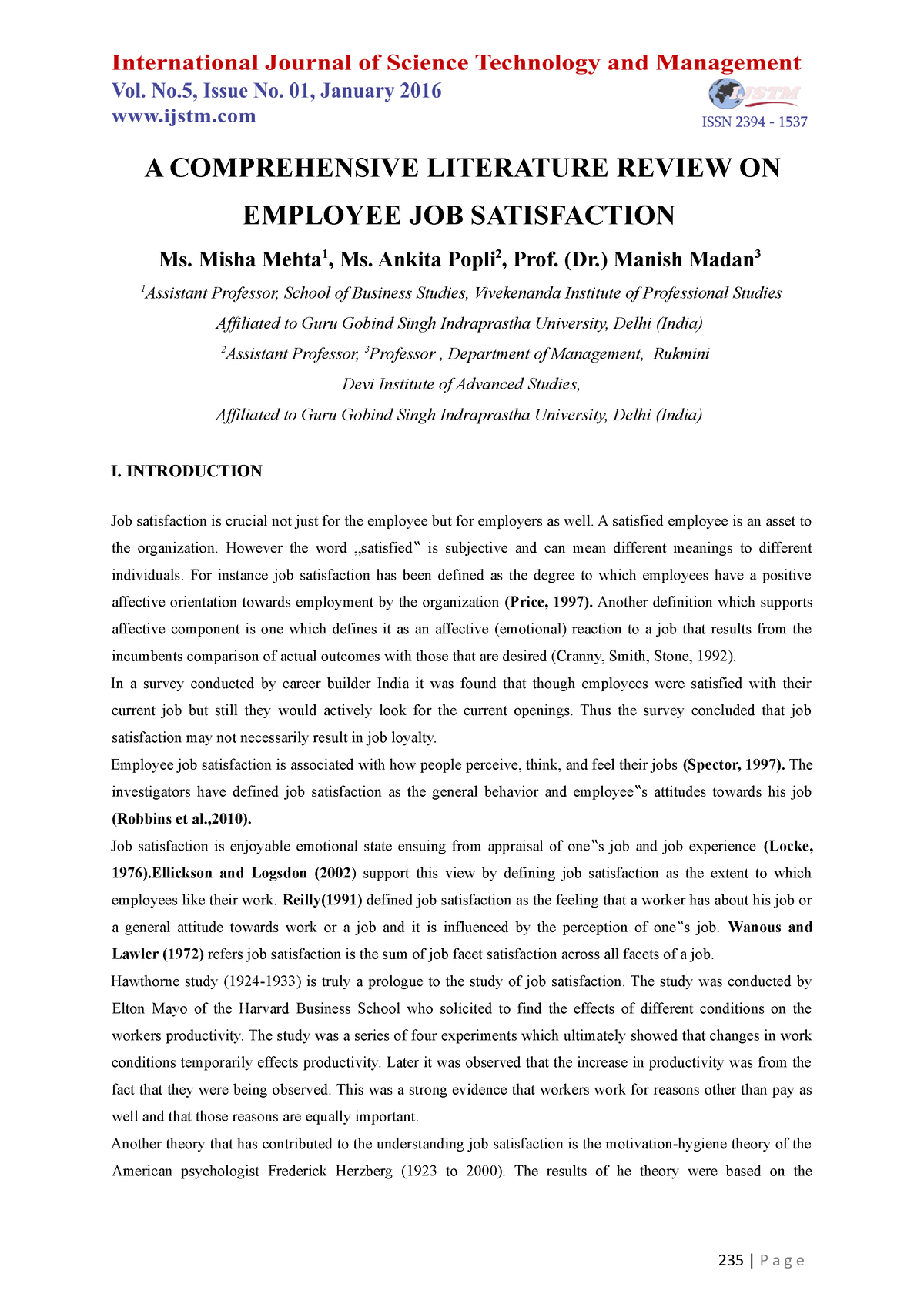 job satisfaction literature review 2019