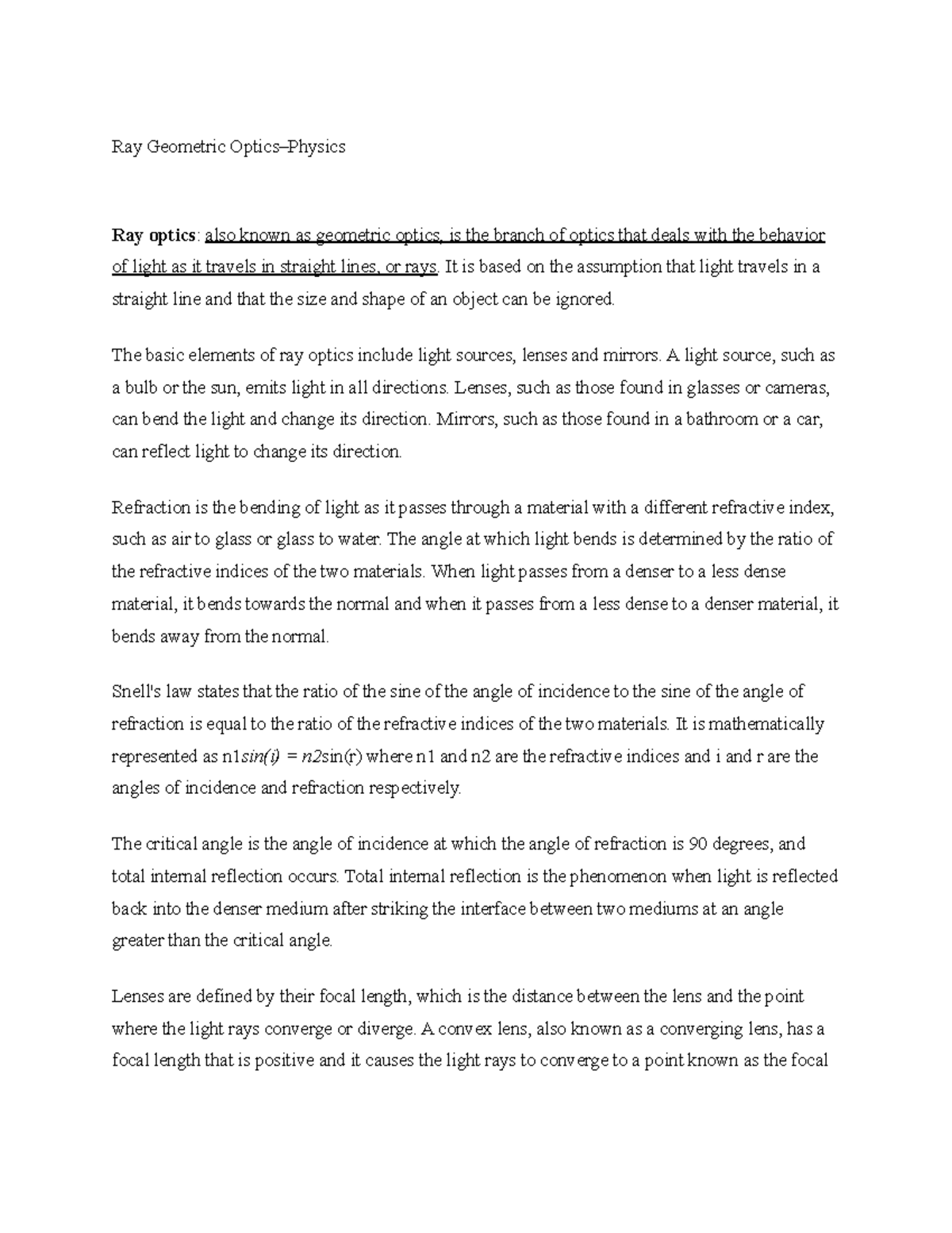 Ray geometric optics Ray Geometric OpticsPhysics Ray optics also