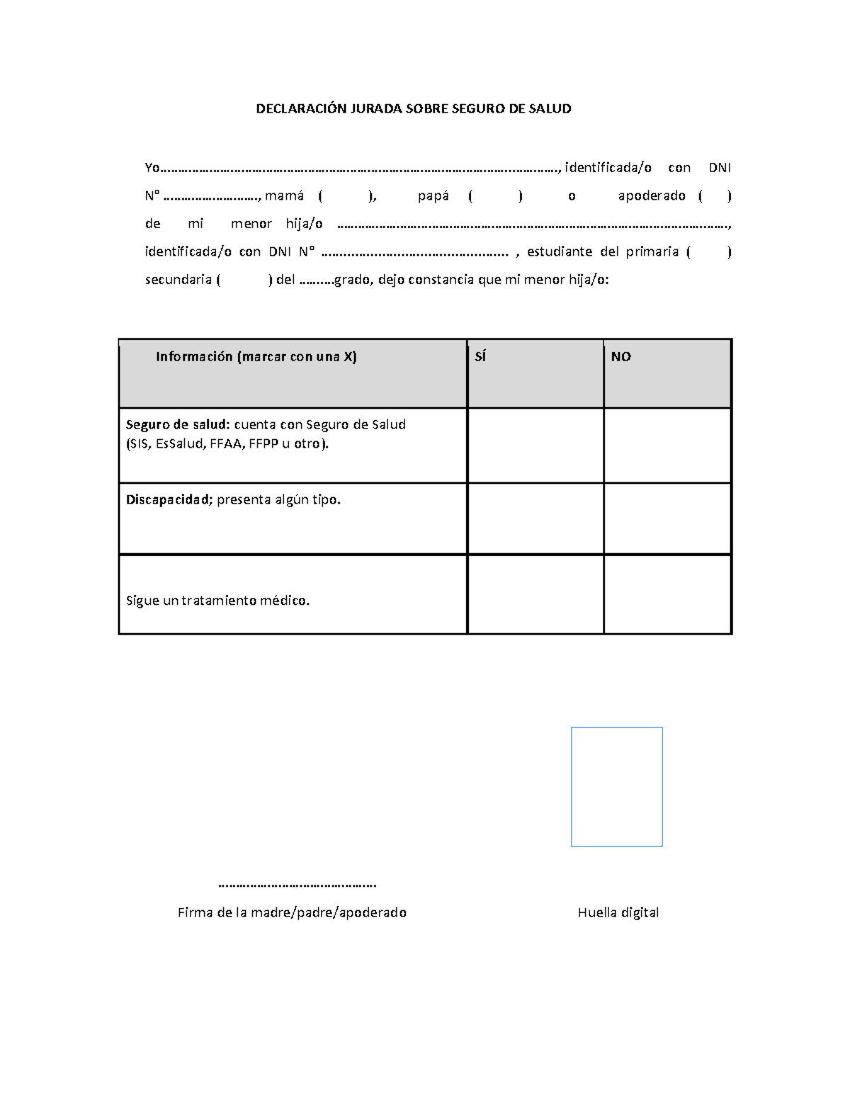 Formatos DE Ratificación - DECLARACIÓN JURADA SOBRE SEGURO DE SALUD ...