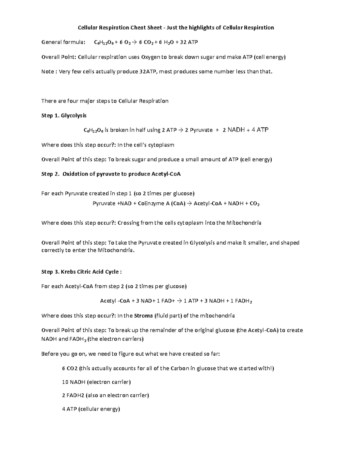 Cellular respiration cheat sheet - There are four major steps to ...