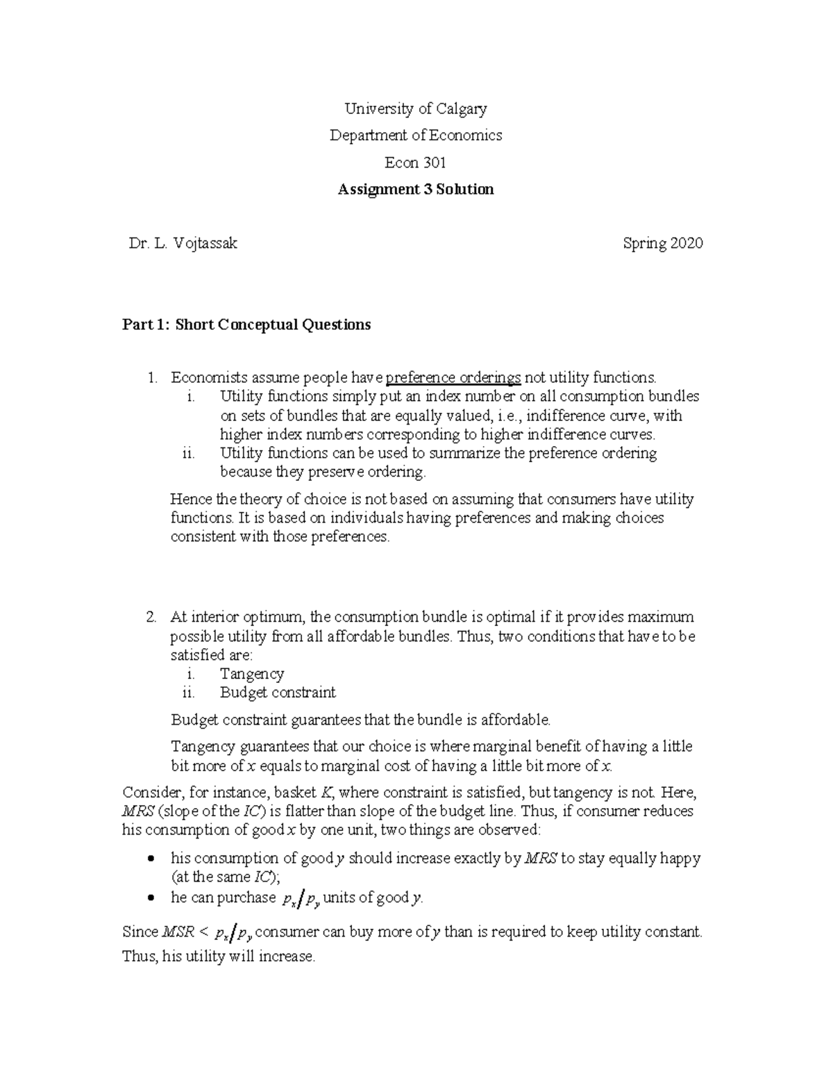 P2020 Econ 301 Assignment 3 Solution - University of Calgary Department ...