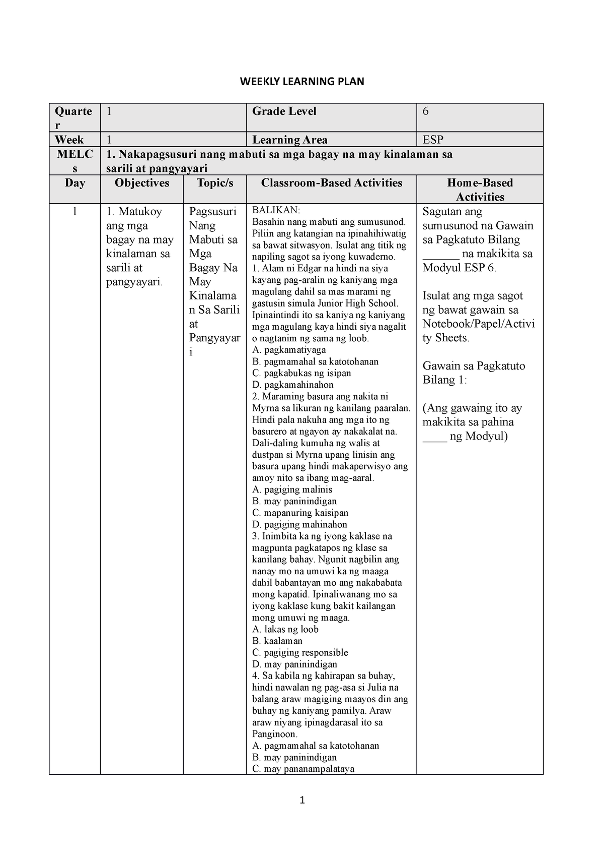 WLP Q1 W1 G6 - WEEKLY LEARNING PLAN - WEEKLY LEARNING PLAN Quarte R 1 ...