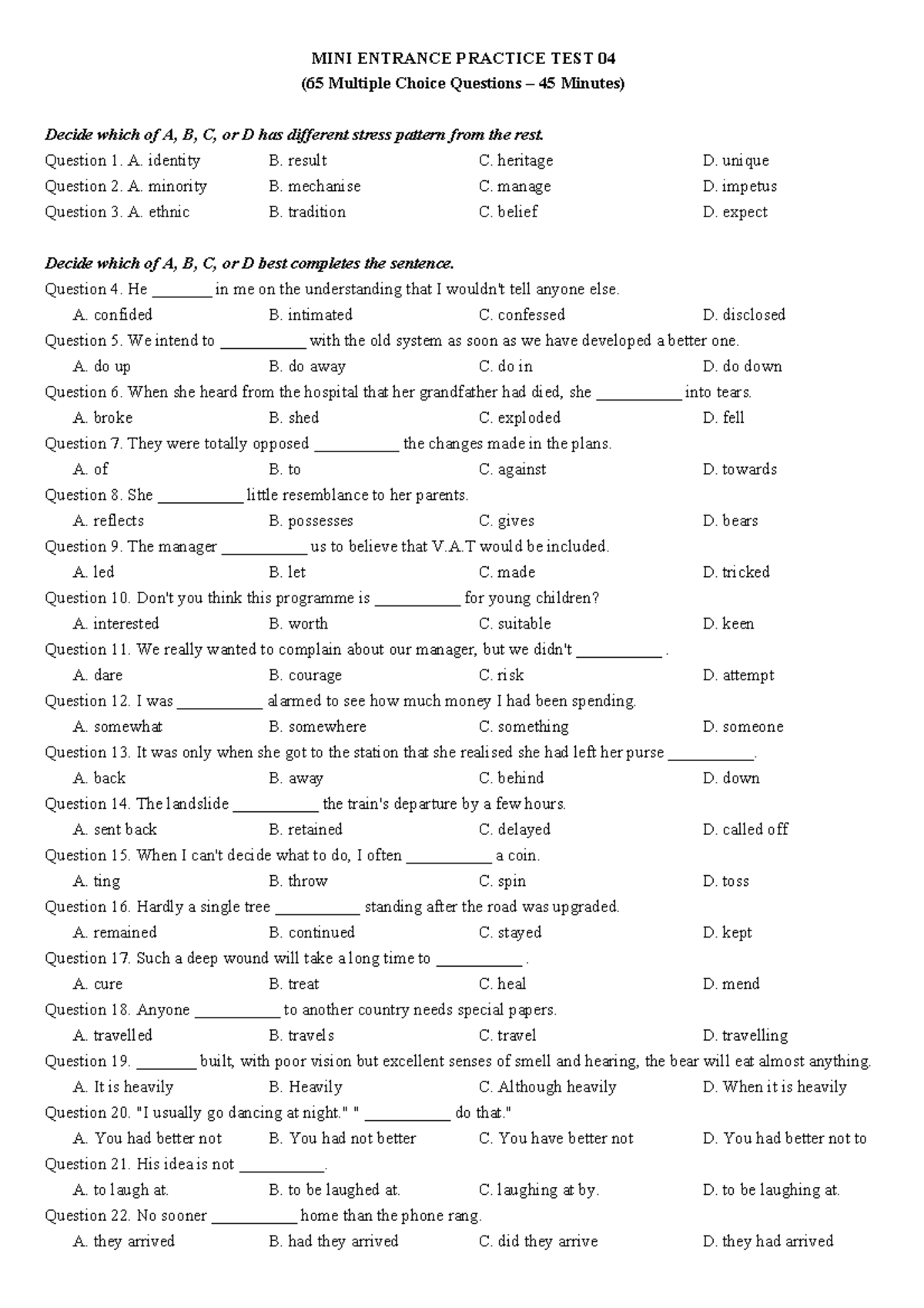 MINI Entrance Practice TEST 04 - MINI ENTRANCE PRACTICE TEST 04 (65 ...