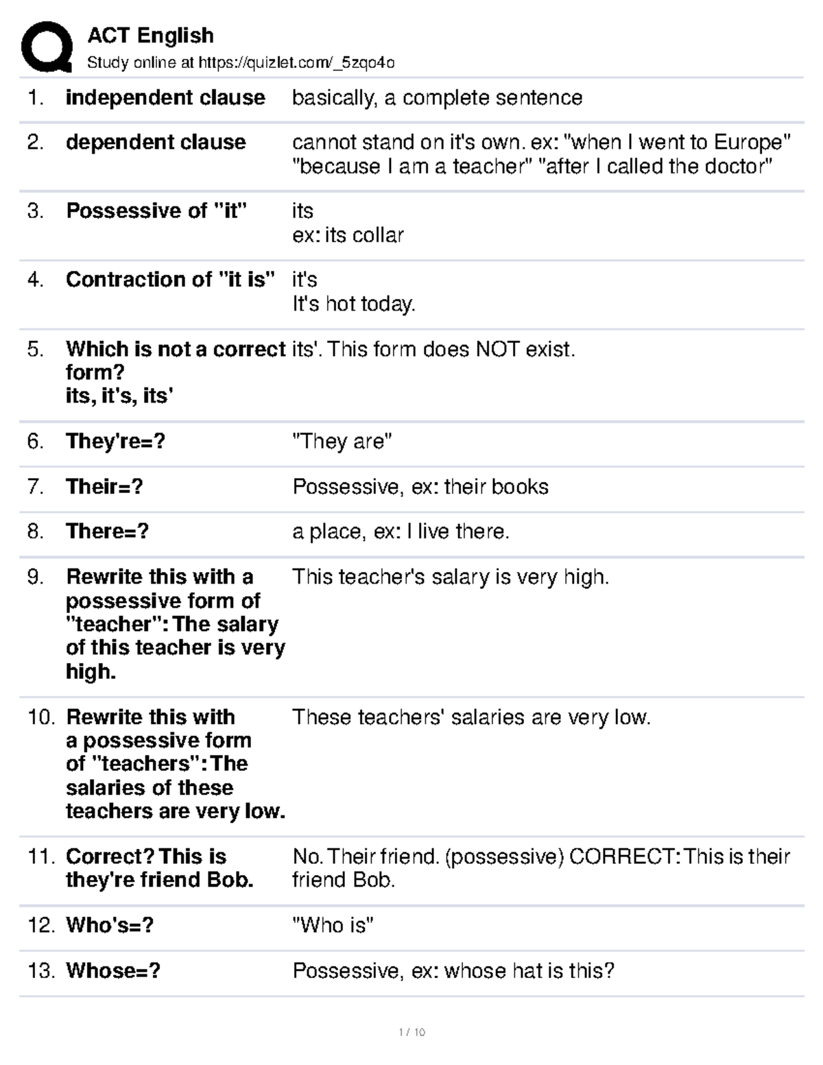 ACT English Study online at quizlet/_5zqo4o independent clause