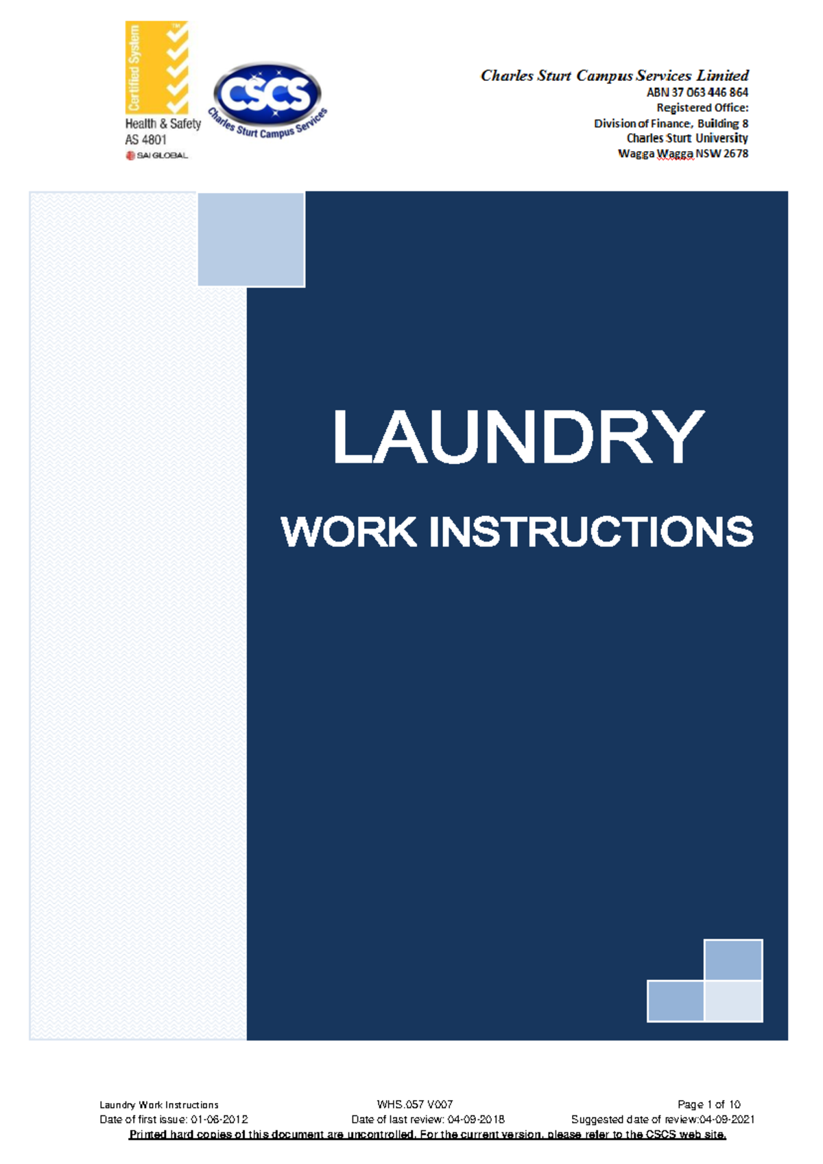 Laundry Work Instructions Whs057 V007 - Table Of Contents Laundry Work 