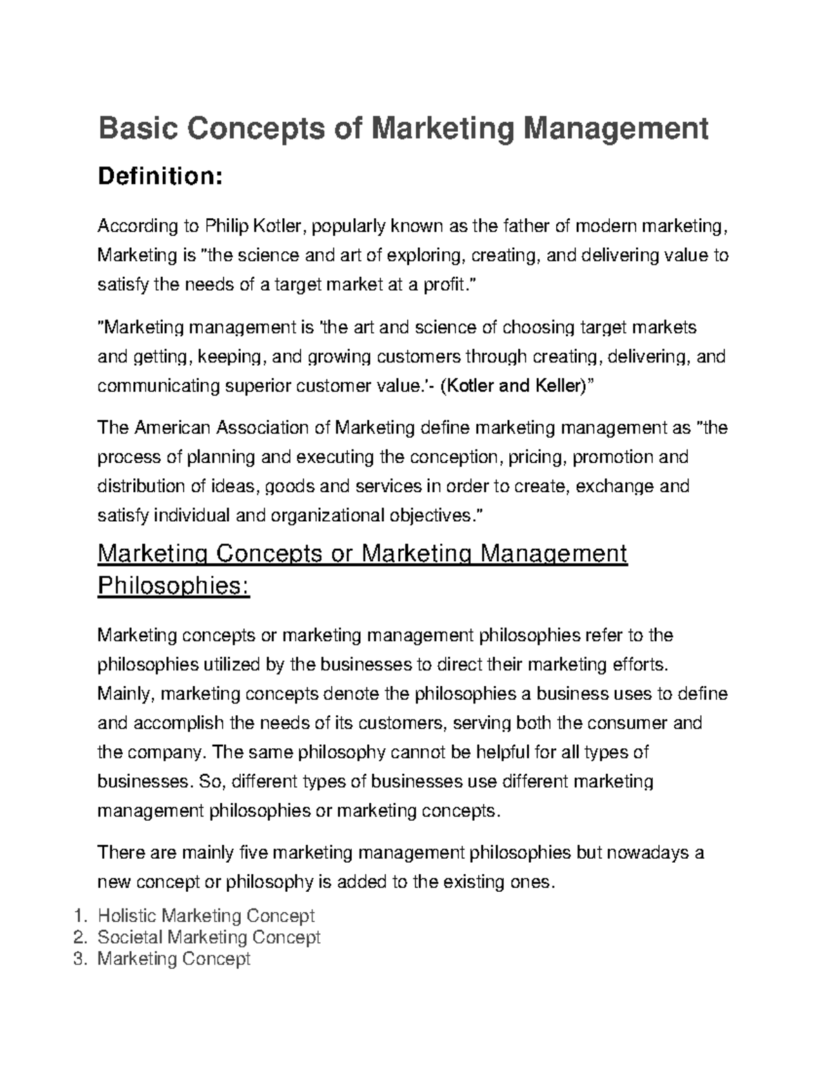 1 notes - Basic Concepts of Marketing Management Definition: According ...