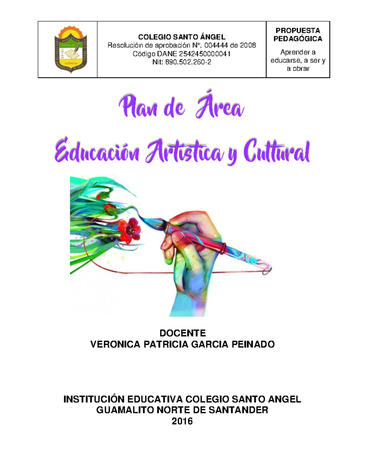 PLAN DE AREA ED Artistica Y Cultural - COLEGIO SANTO ÁNGEL Resolución ...
