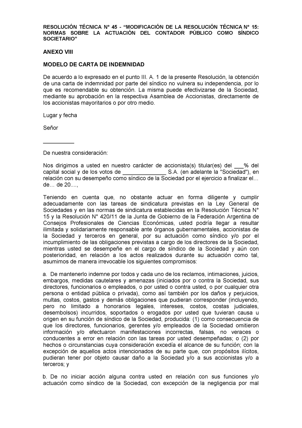 Modelo De Carta De Indemnidad ResoluciÓn TÉcnica N° 45