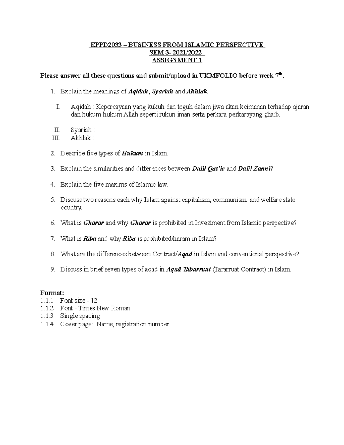 Individual Assignment 1 - EPPD2033 – BUSINESS FROM ISLAMIC PERSPECTIVE ...