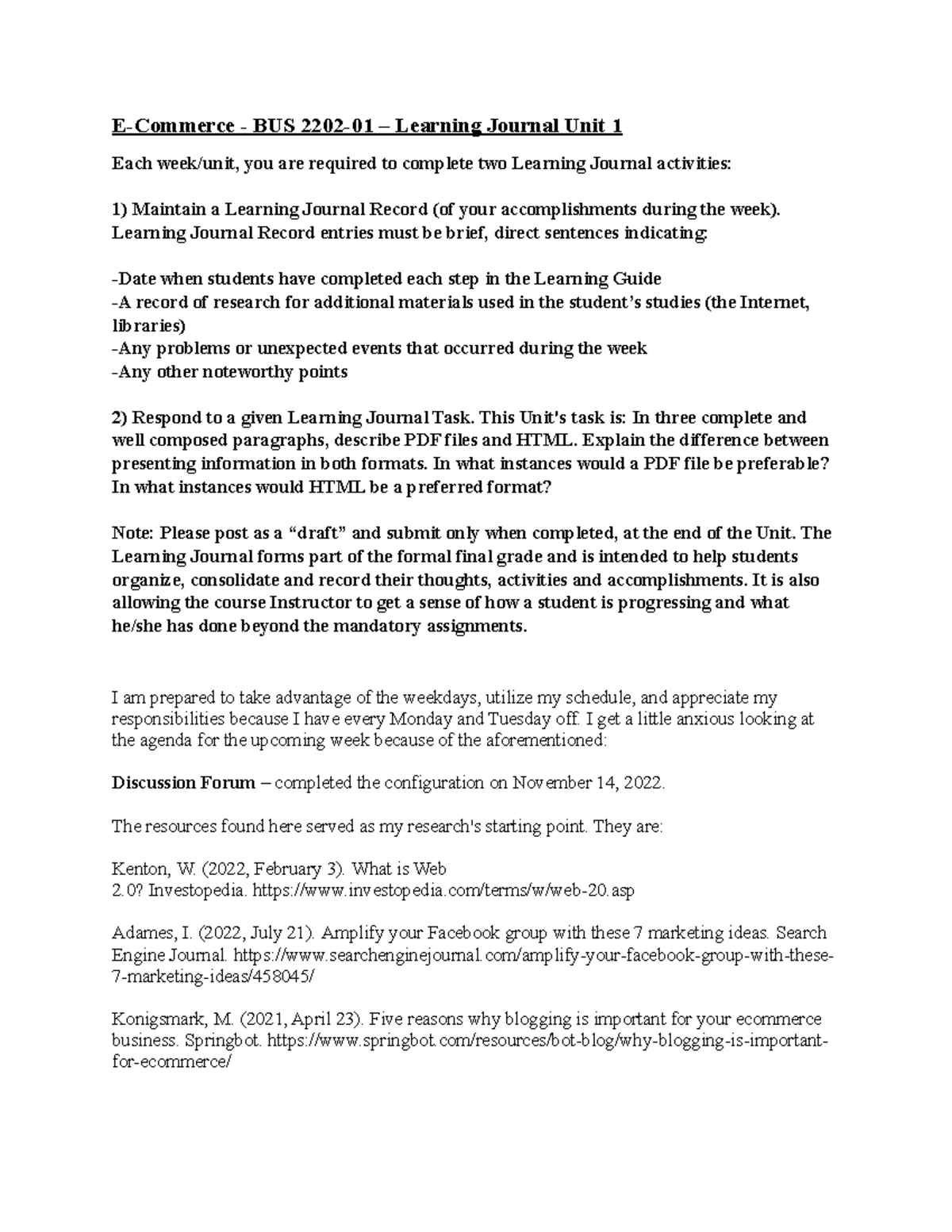 BUS 220201 Learning Journal Unit 1 Learning Journal