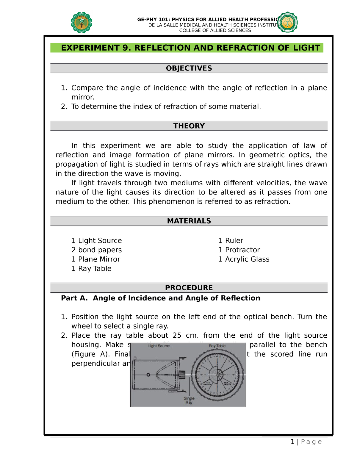 reflection of light experiment pdf