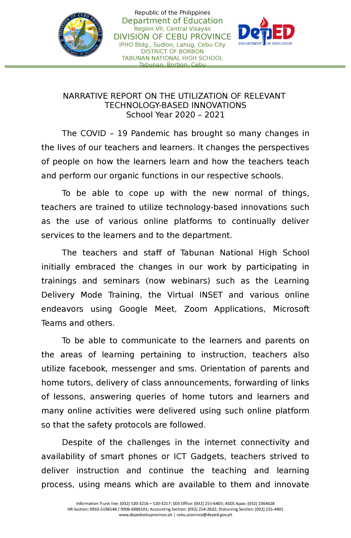 Ict utilization narrative report - Republic of the Philippines ...