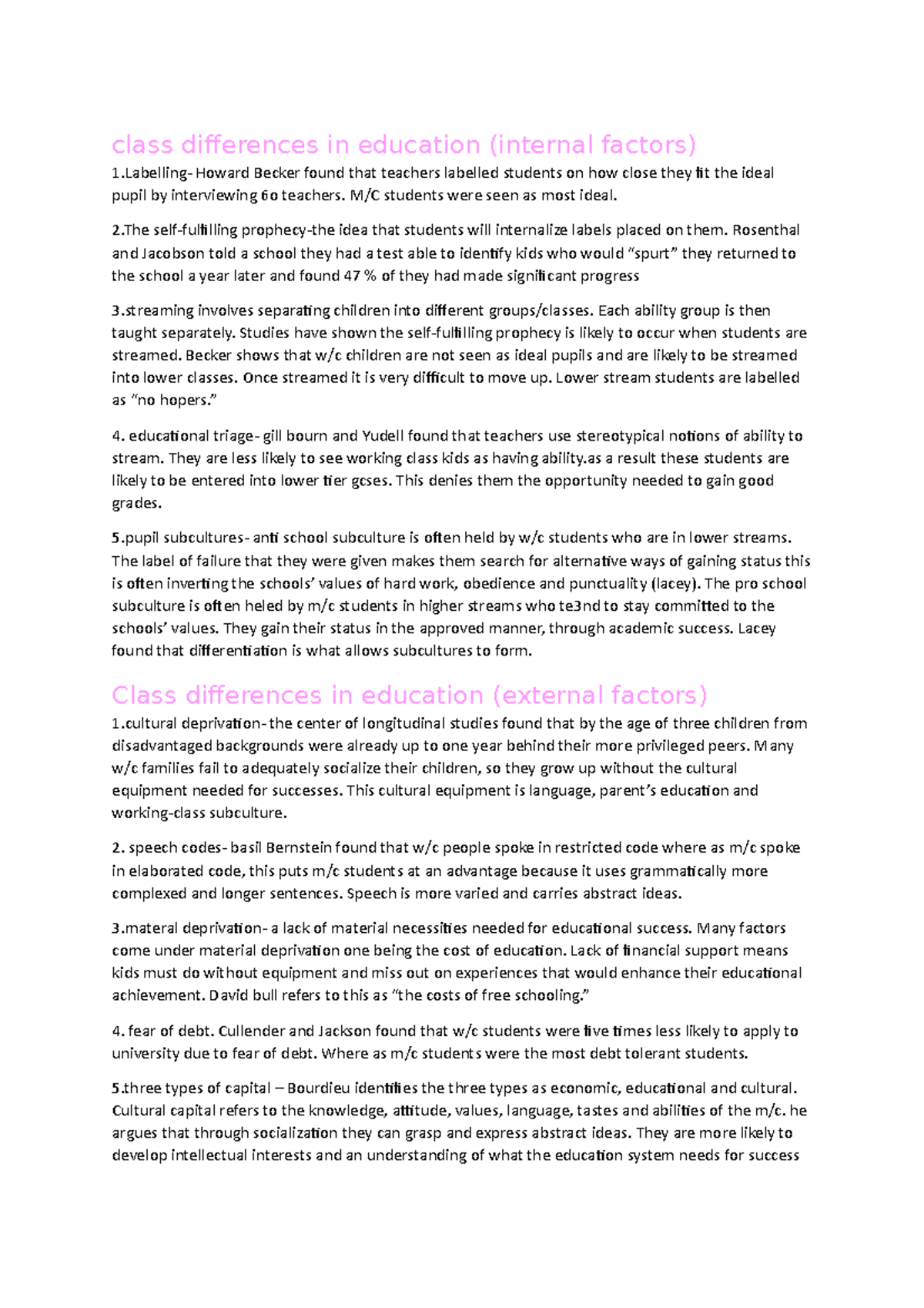 Sociology AS - class differences in education (internal factors) 1 ...