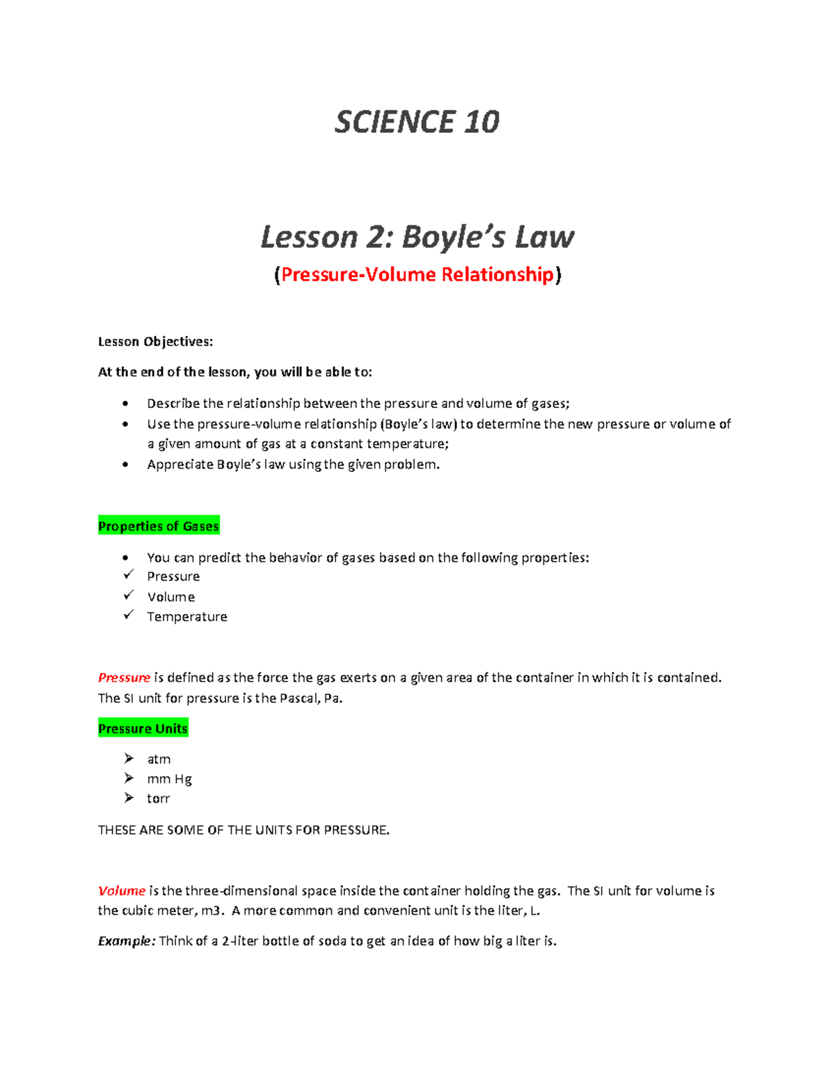 Boyle'S LAW, Charle'S LAW and GAY- Lussac'S LAW - SCIENCE 10 Lesson 2 ...