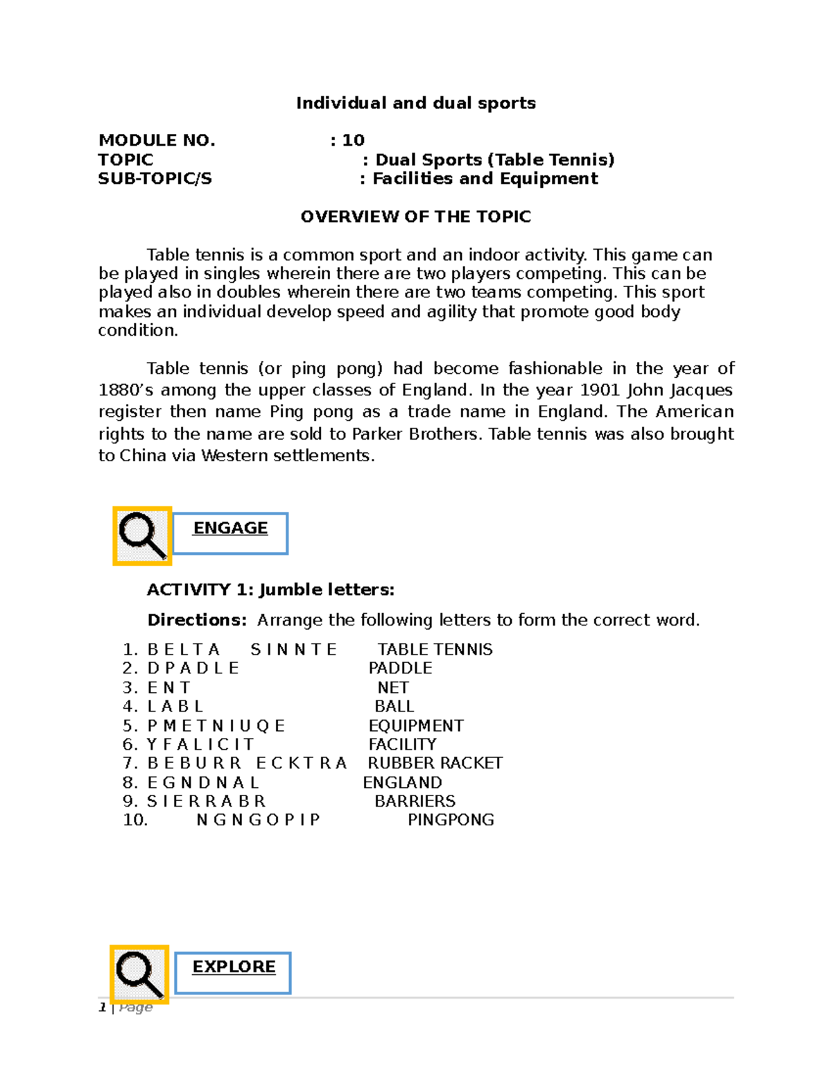 Module 6 Table Tennis - Physical Education - Individual and dual sports ...