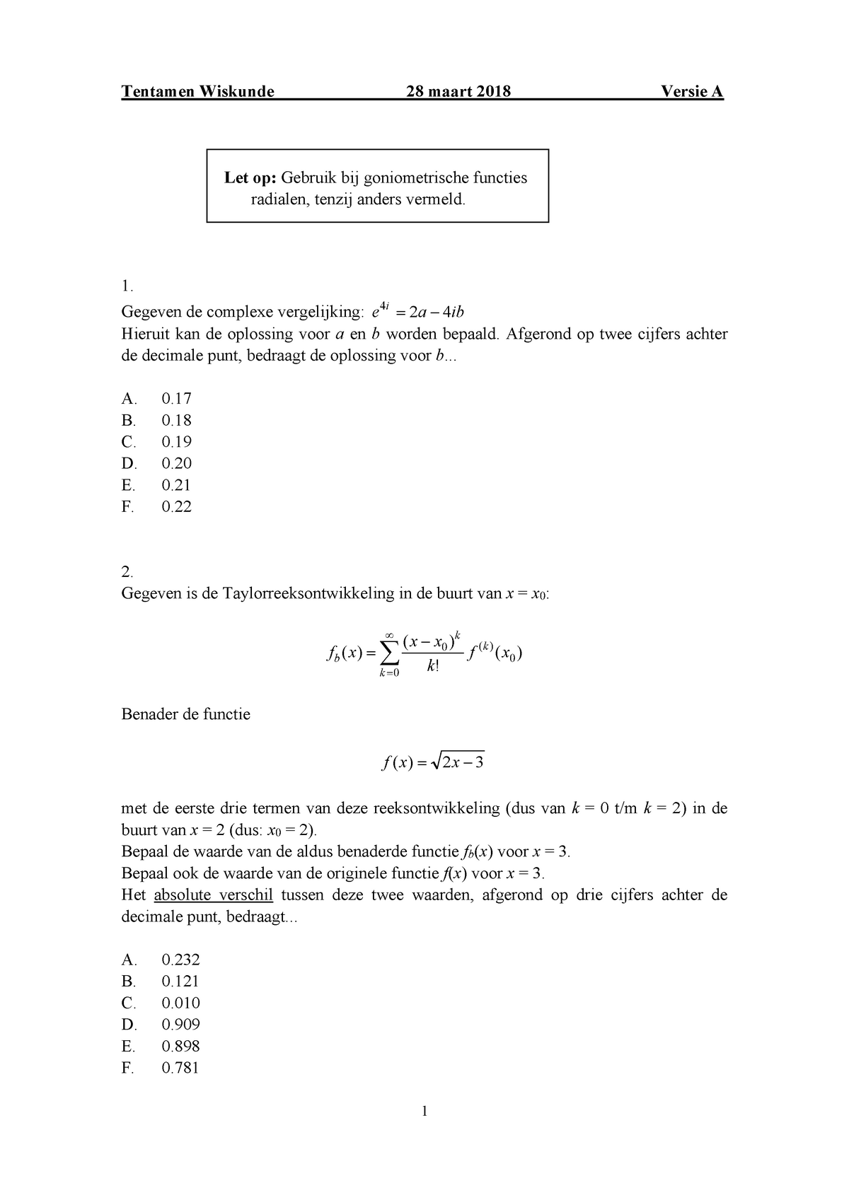 Oefententamen Zonder Antwoorden - Tentamen Wiskunde 28 Maart 2018 ...