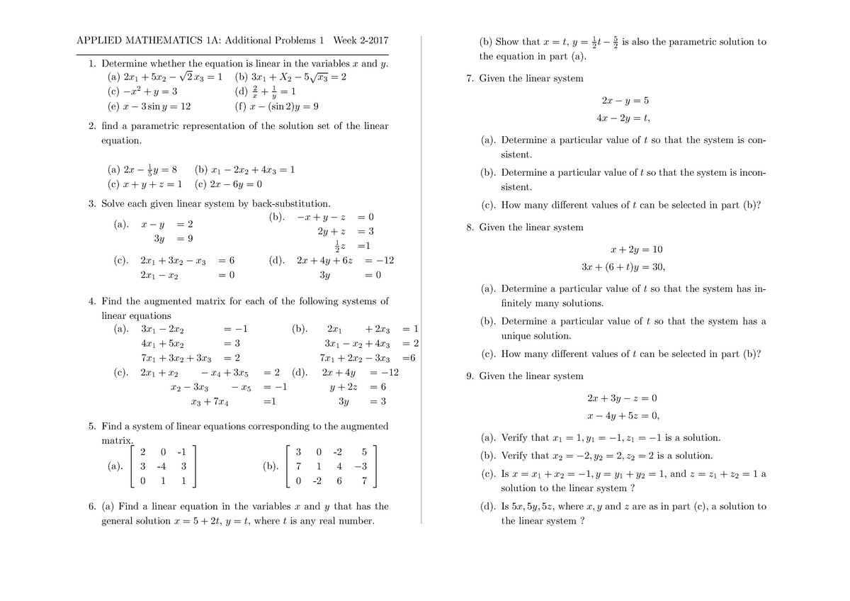 Adpro 1 18 Lecture Notes 1 Applied Mathematics 1a Additional Problems 1 Week 2 17 1 Studocu