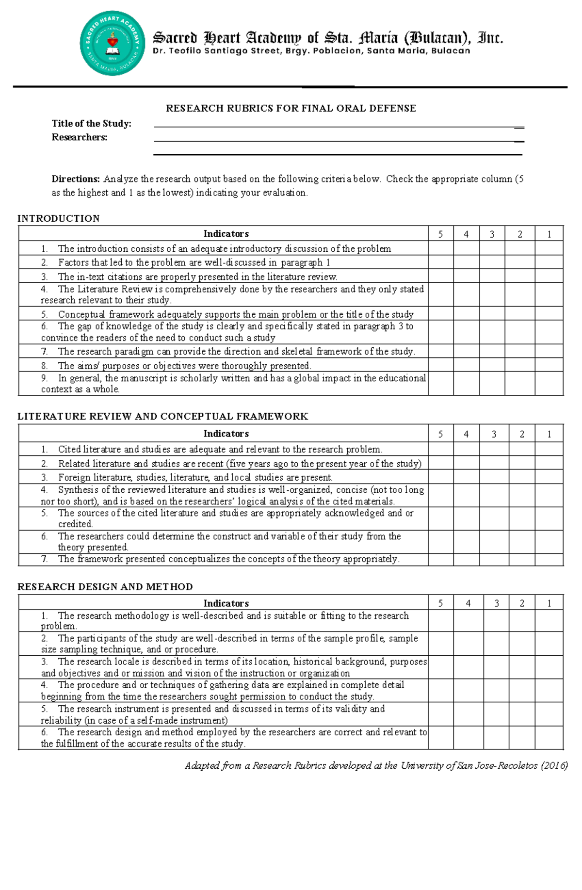 Form 5b Research Rubrics Final Oral Defense - RESEARCH RUBRICS FOR ...