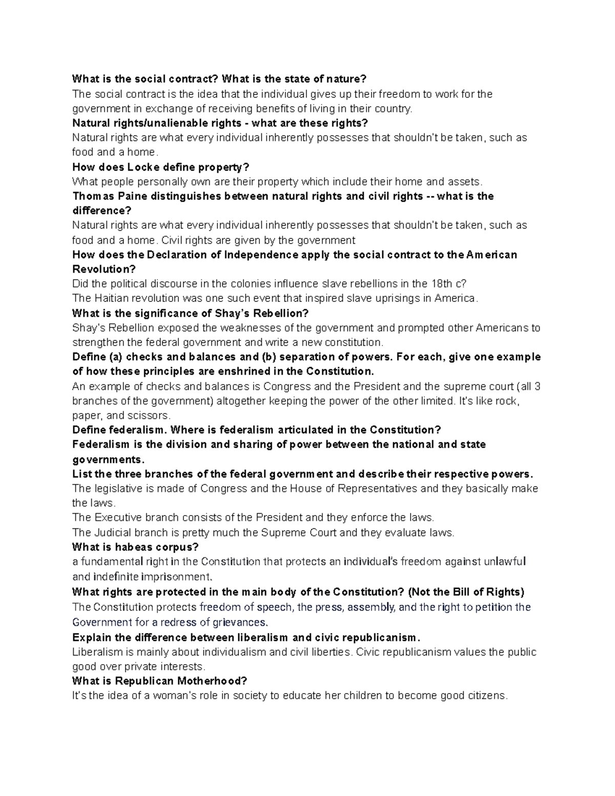 POL101 Exam Review Sheet - What Is The Social Contract? What Is The ...