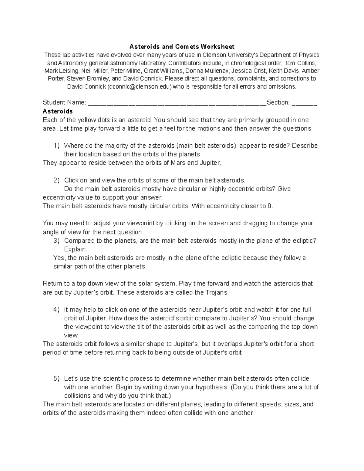 Asteroids and Comets Worksheet - Contributors include, in chronological ...
