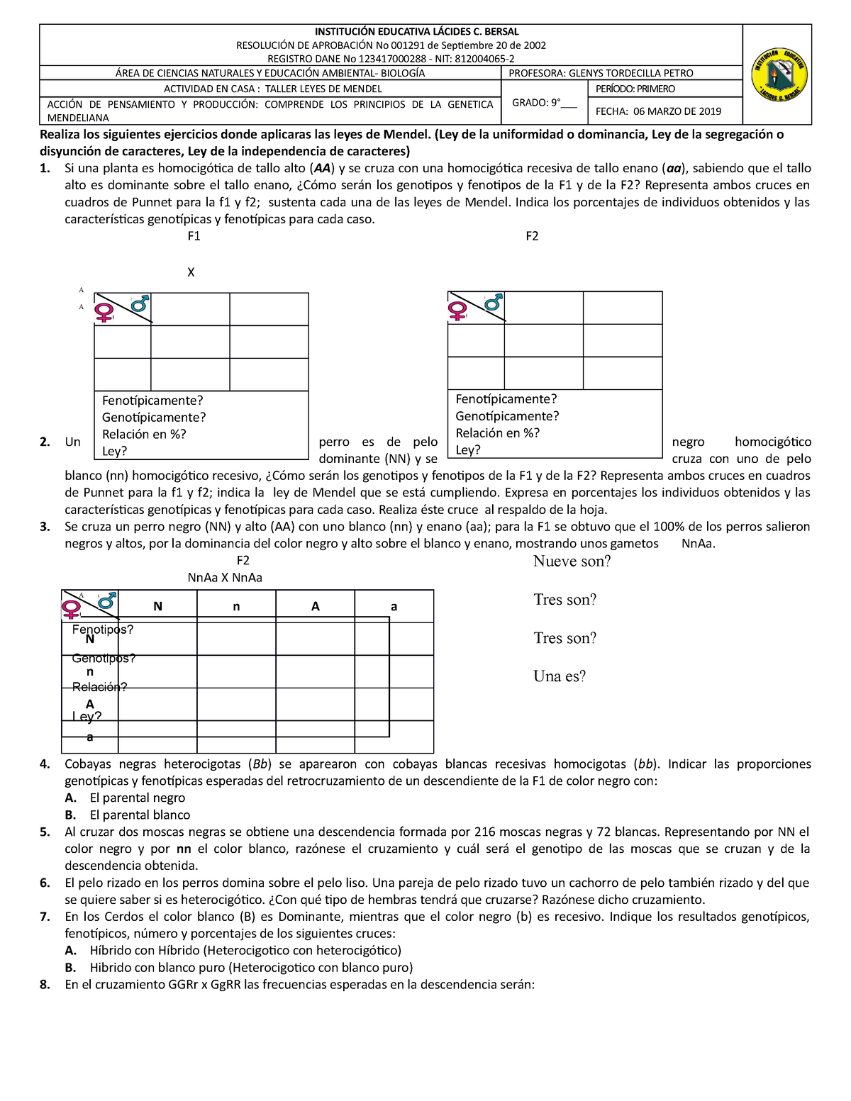 Taller Leyes De Mendel N Realiza Los Siguientes Ejercicios Donde Aplicaras Las Leyes De