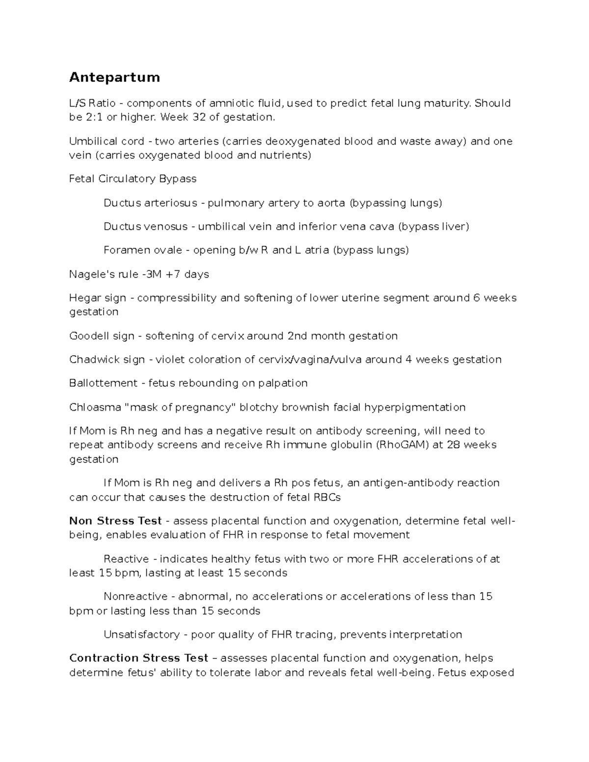 HESI Hesi notes Antepartum L/S Ratio components of amniotic fluid