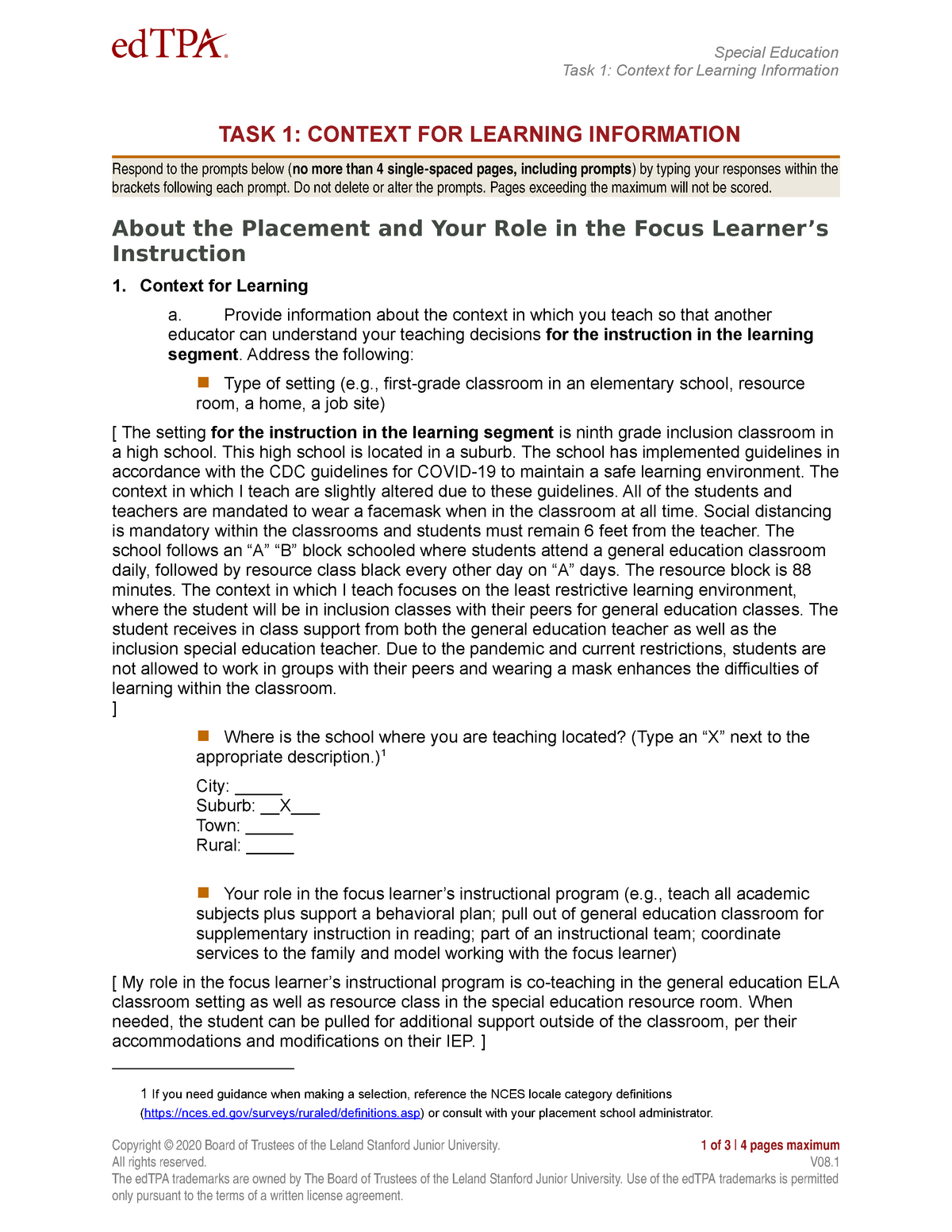 Edtpa Task 1 Context For Learning Template