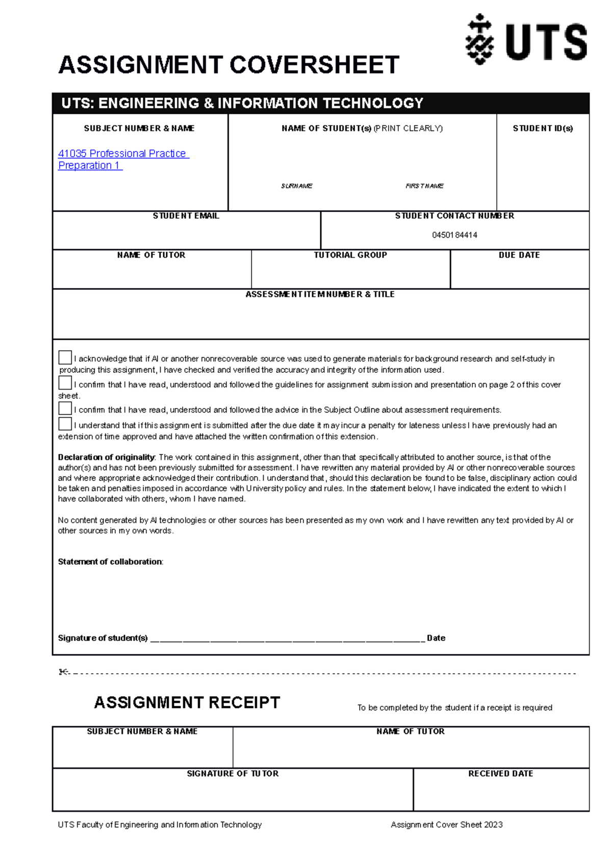 AT1 - Assessment task 1 - ASSIGNMENT COVERSHEET UTS: ENGINEERING ...