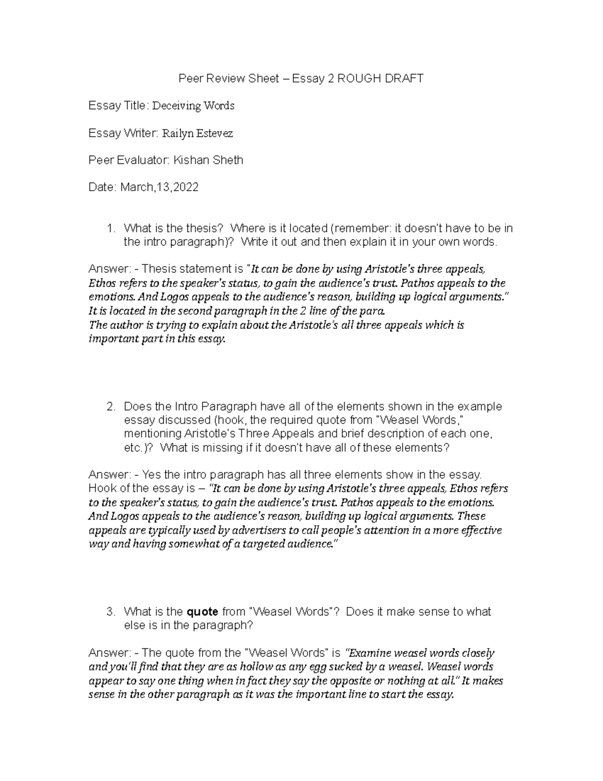 Essay 2 Rough Draft Peer Review Peer Review Sheet Essay 2 ROUGH 