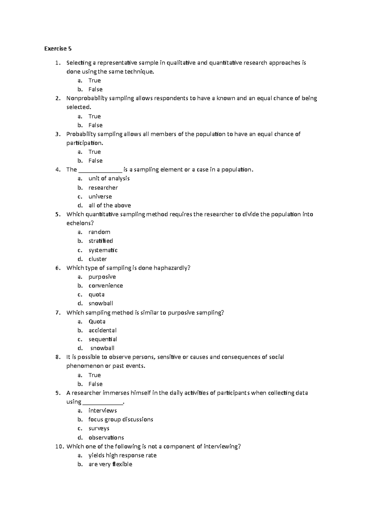 Sample/practice exam 6 April 2021, questions - Exercise 5 Selecing a ...