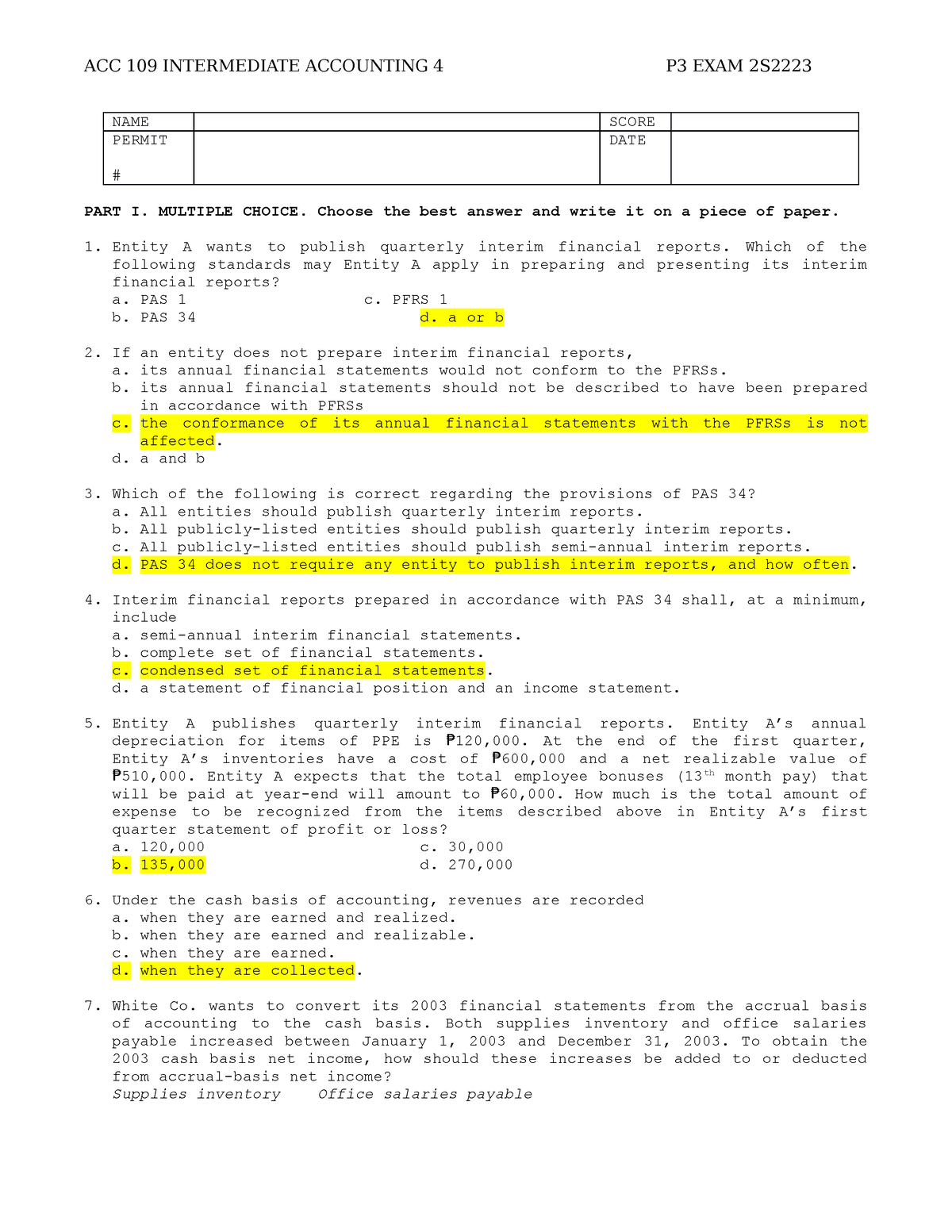 ACC 109 P3 Examination 2S223 KEY Answer 1 - NAME SCORE PERMIT DATE PART ...