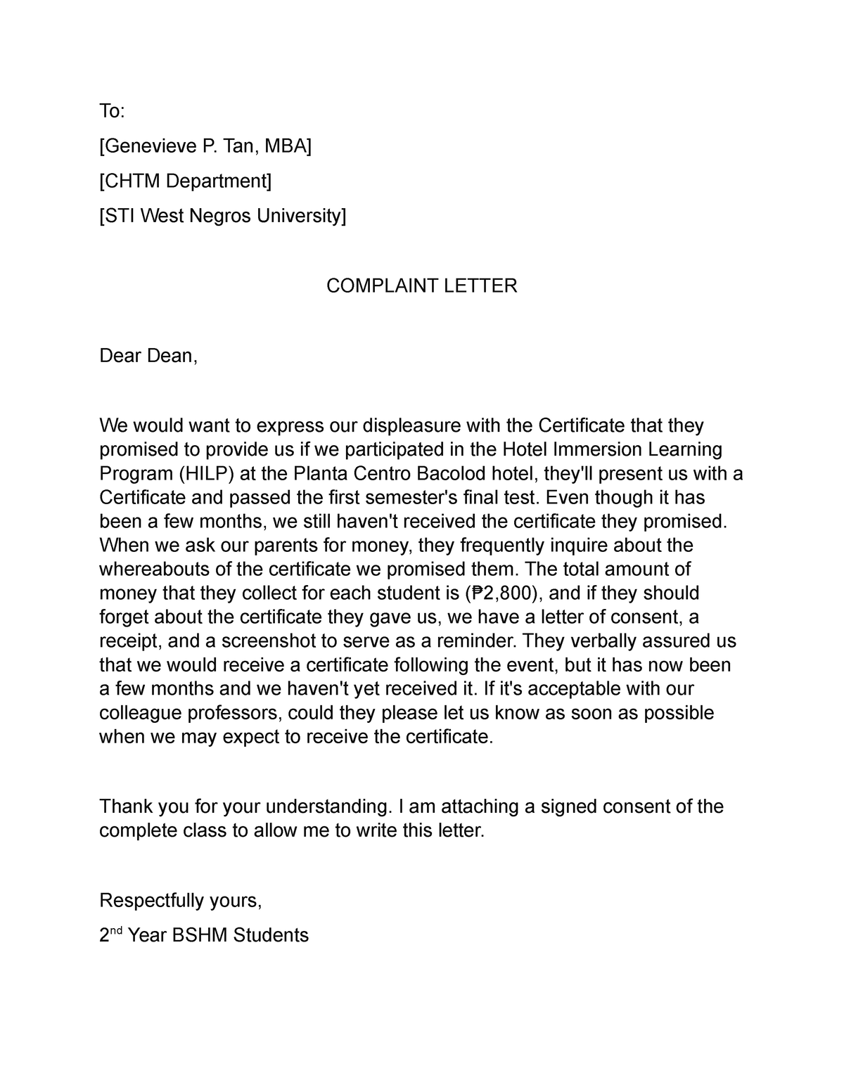 Complaint Letter - To: [Genevieve P. Tan, MBA] [CHTM Department] [STI ...