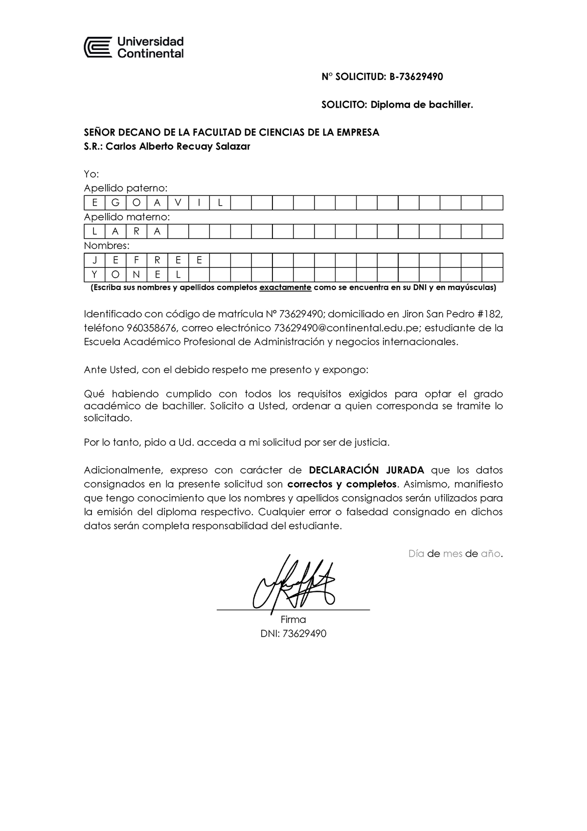 Bachiller Universitario Para La Universidad Continental - N° SOLICITUD ...