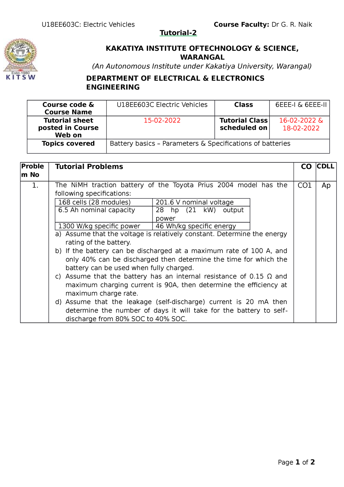 T2Electric Vehicles U18EE603C Electric Vehicles Course Faculty Dr